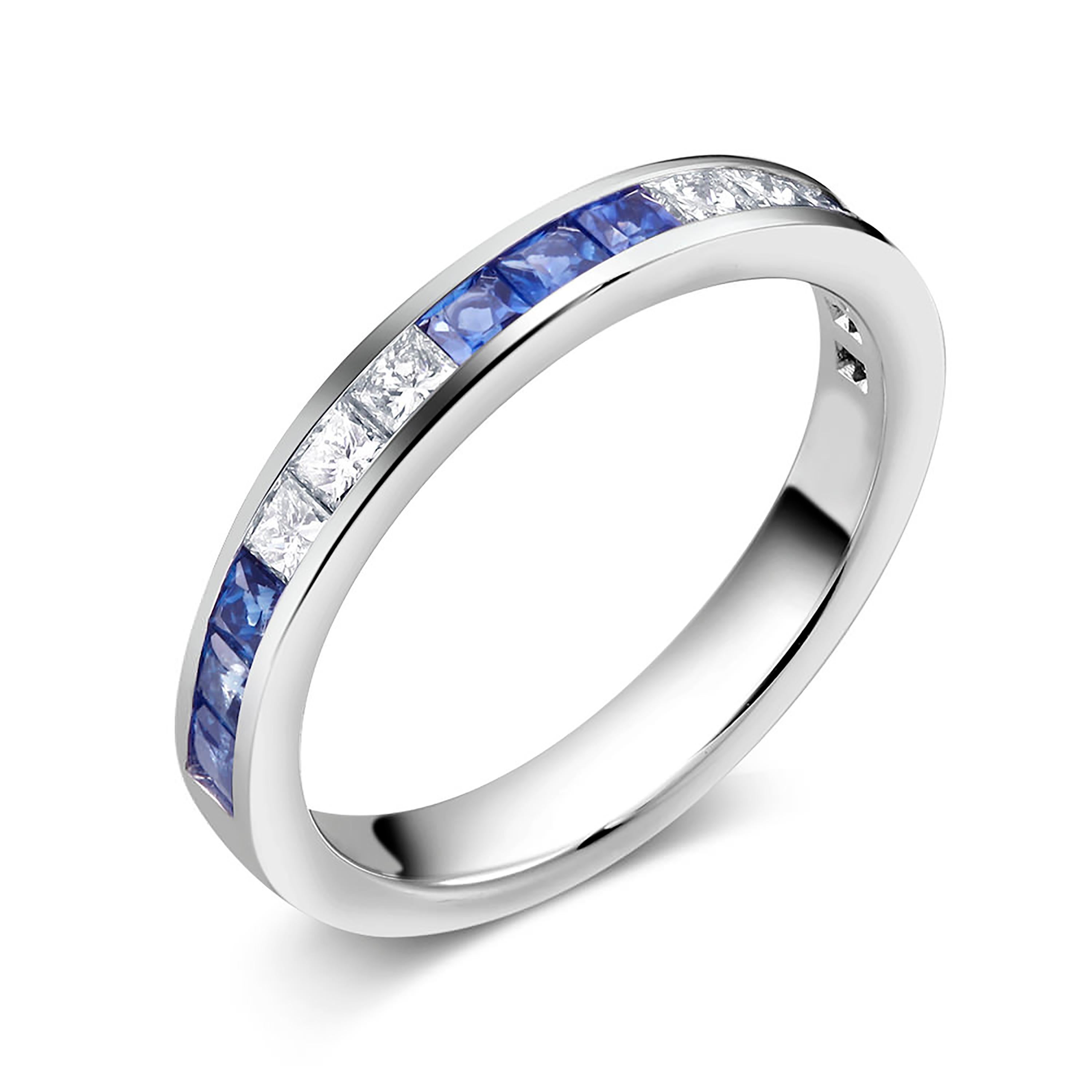 Princess Cut Eighteen Karat Partial Gold Ring with Three Diamond Alternating Three Sapphire
