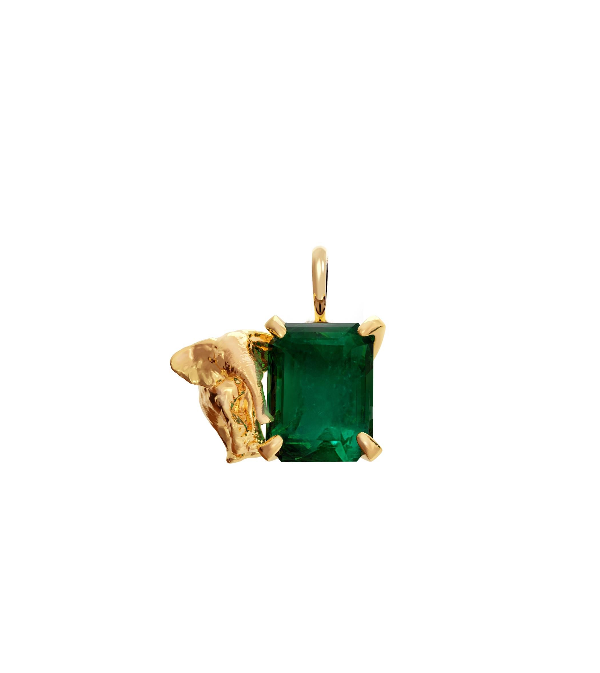 This contemporary pendant necklace, named after Mesopotamia, feature natural emerald in octagon cut and golden elephant. It belongs to the collection, which was featured in a published issue of Vogue UA. The piece will be custom made of 18 karat