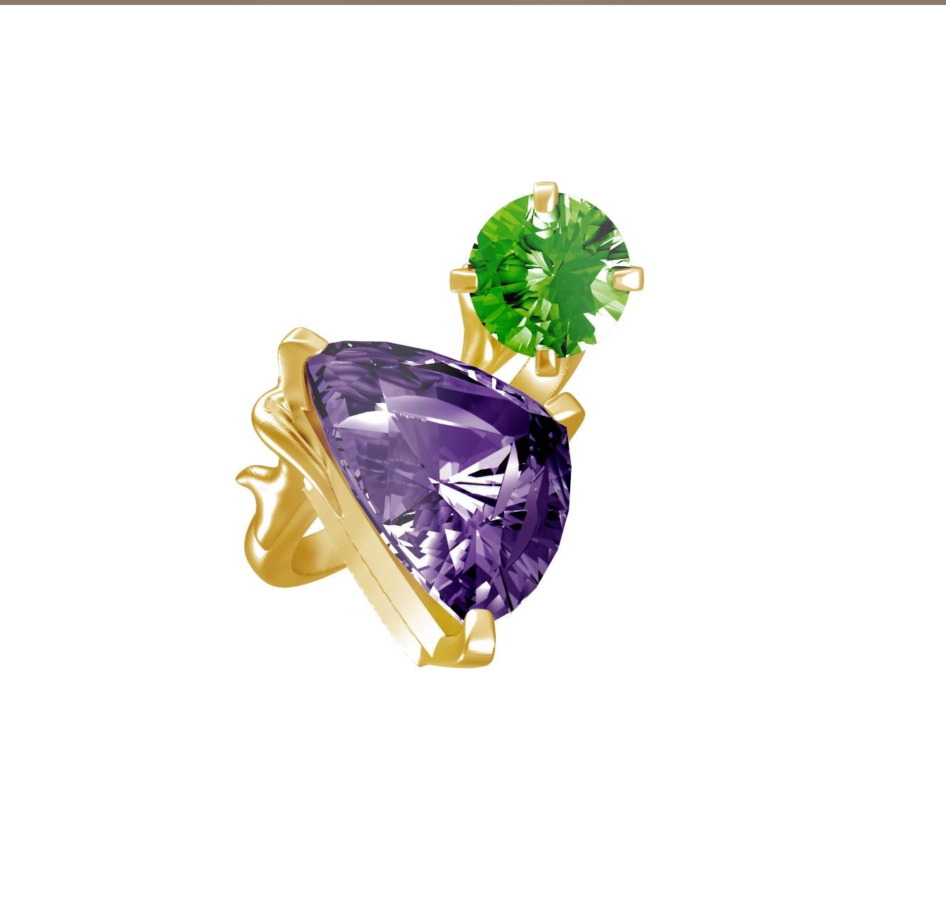 This contemporary fashion cluster ring is made of 18 karat rose gold with trillion cut amethyst and green round cut quartz. The unusual angle of the gems placement makes it look even bigger, as a perfect cocktail ring. 

The ring will be custom made