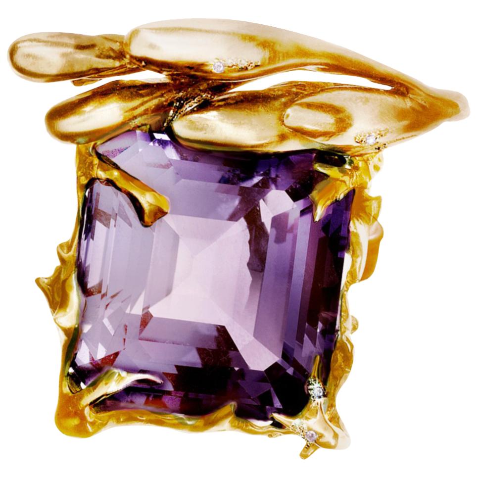 Bague contemporaine en or rose 18 carats avec améthyste naturelle et diamants