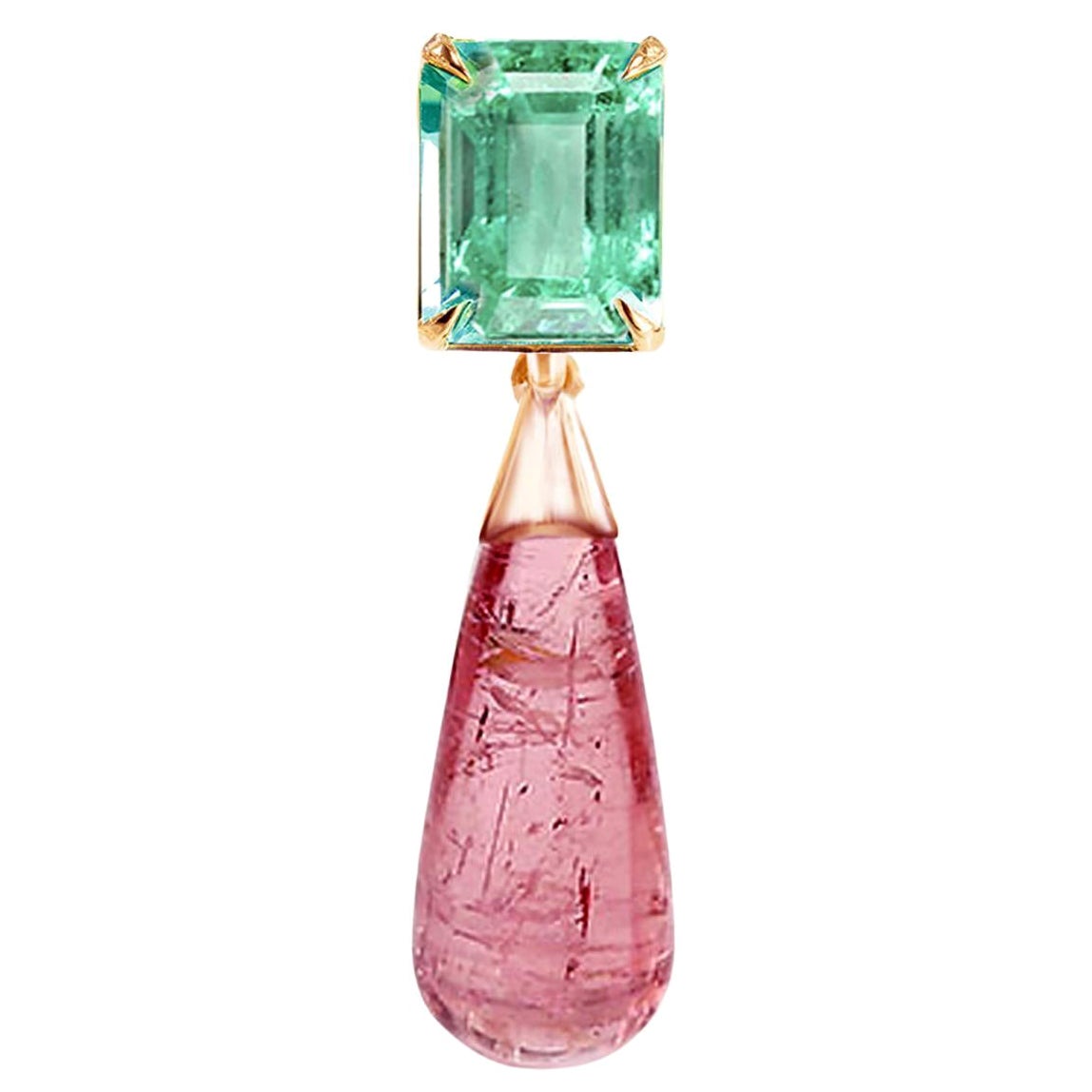 Broche pendante en or rose 18 carats avec émeraude verte et tourmaline rose