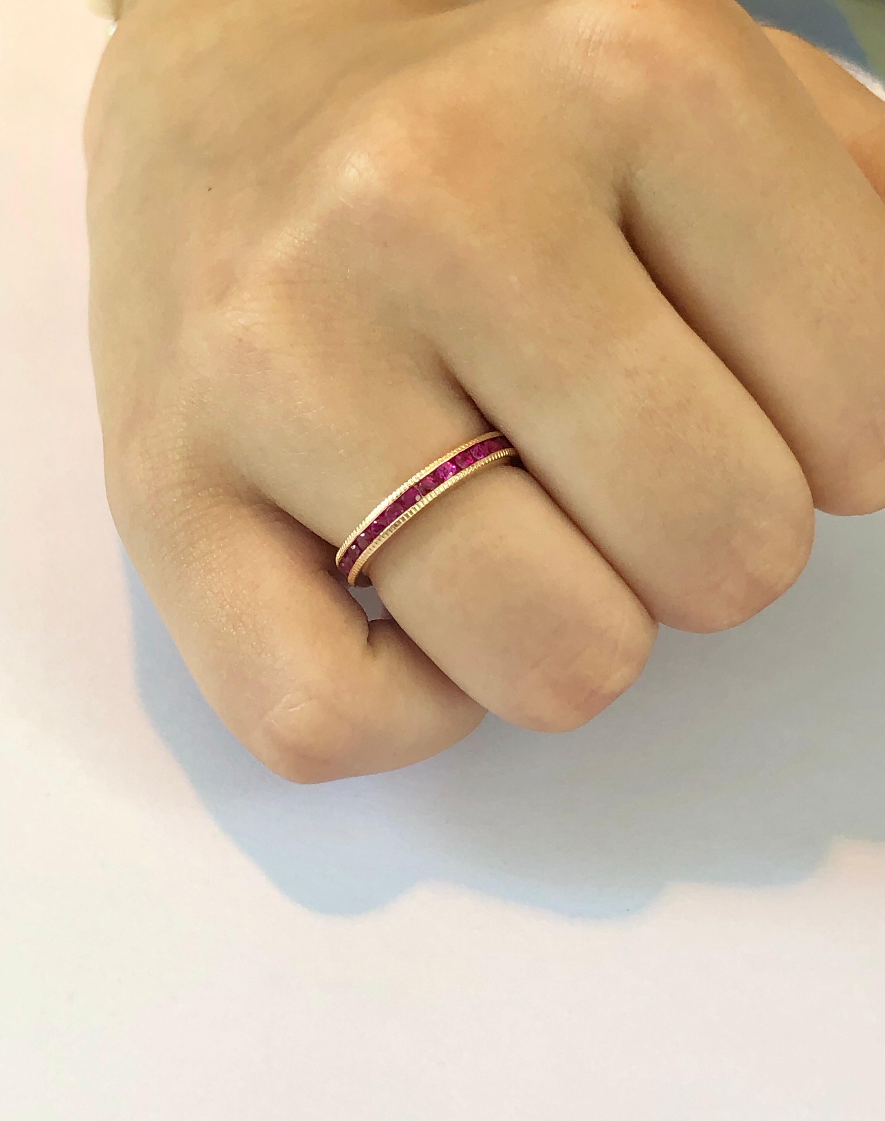 Eighteen karat rose gold eternity wedding or stacking band with migraine edge
Burma ruby weighing 1.90 carat 
Width of band 3.25 millimeter
New ring . 
Ring size 6 In Stock
Ring cannot be resized 
Handmade in USA
Our team of graduate gemologists