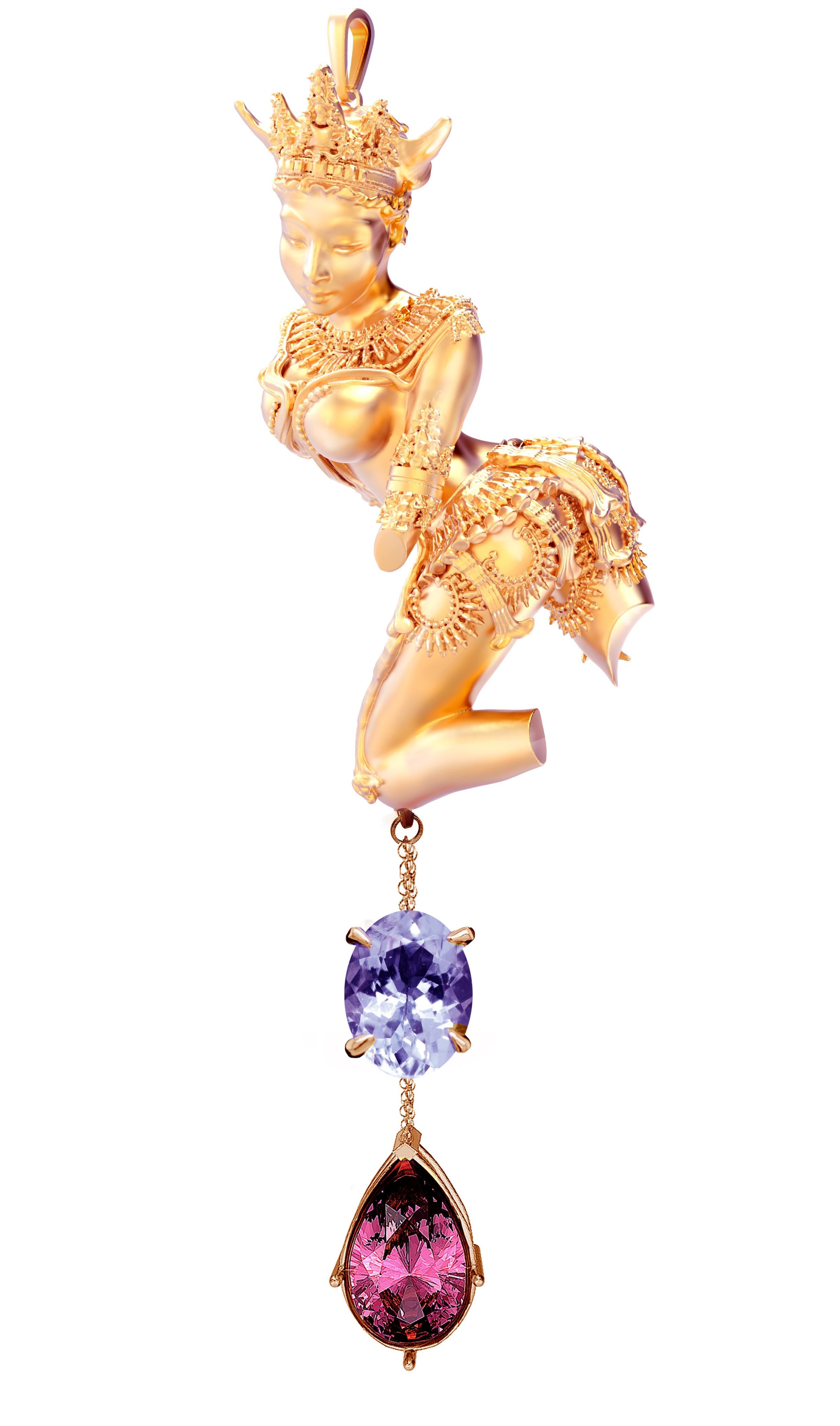 Eighteen Karat Rose Gold Sculpture Pendant Necklace with Oval Cut Tanzanite For Sale 7