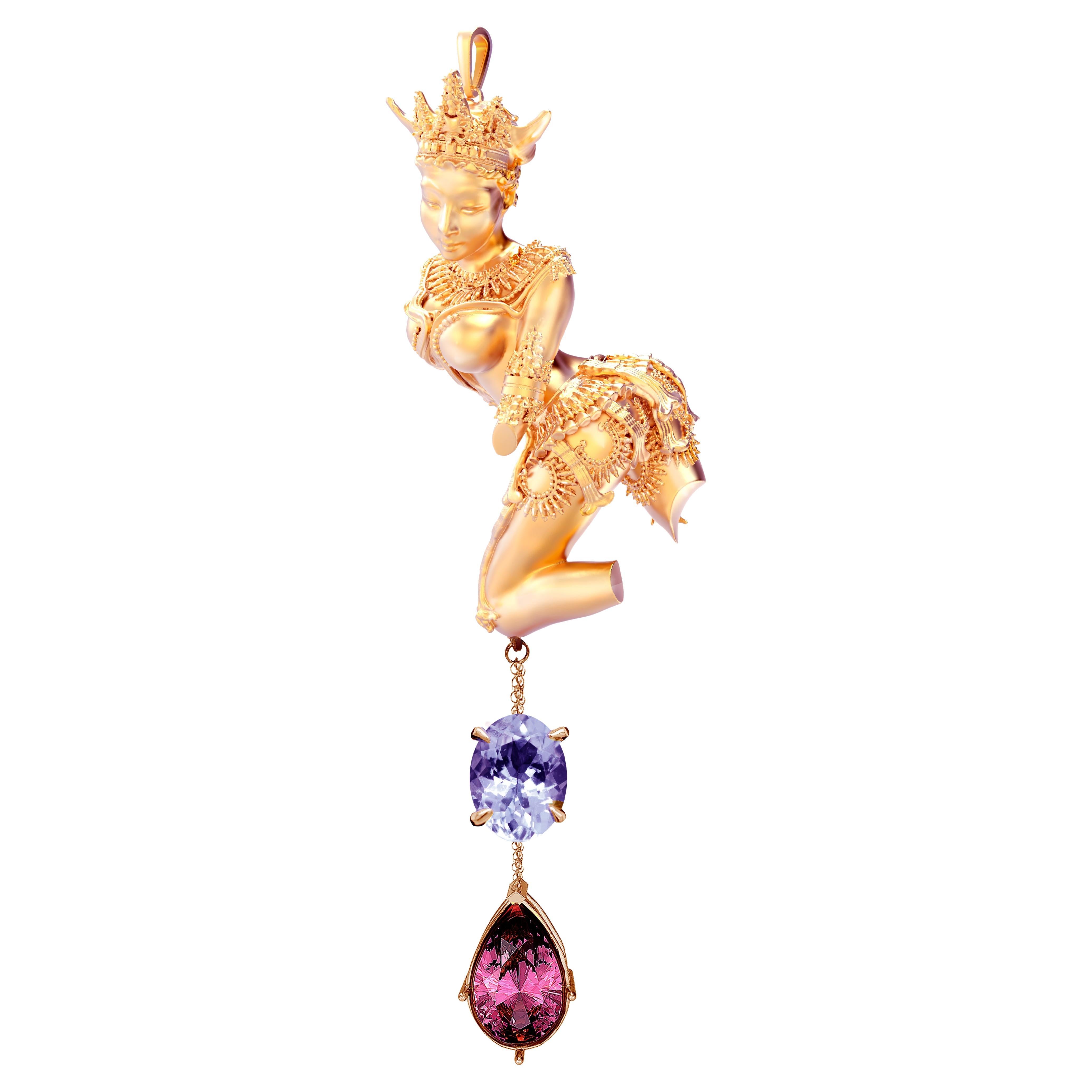 Eighteen Karat Rose Gold Sculpture Pendant Necklace with Oval Cut Tanzanite For Sale