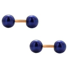 Eighteen Karat Solid Rose Gold Ball Cufflinks Encased in Deep Royal Blue Enamel