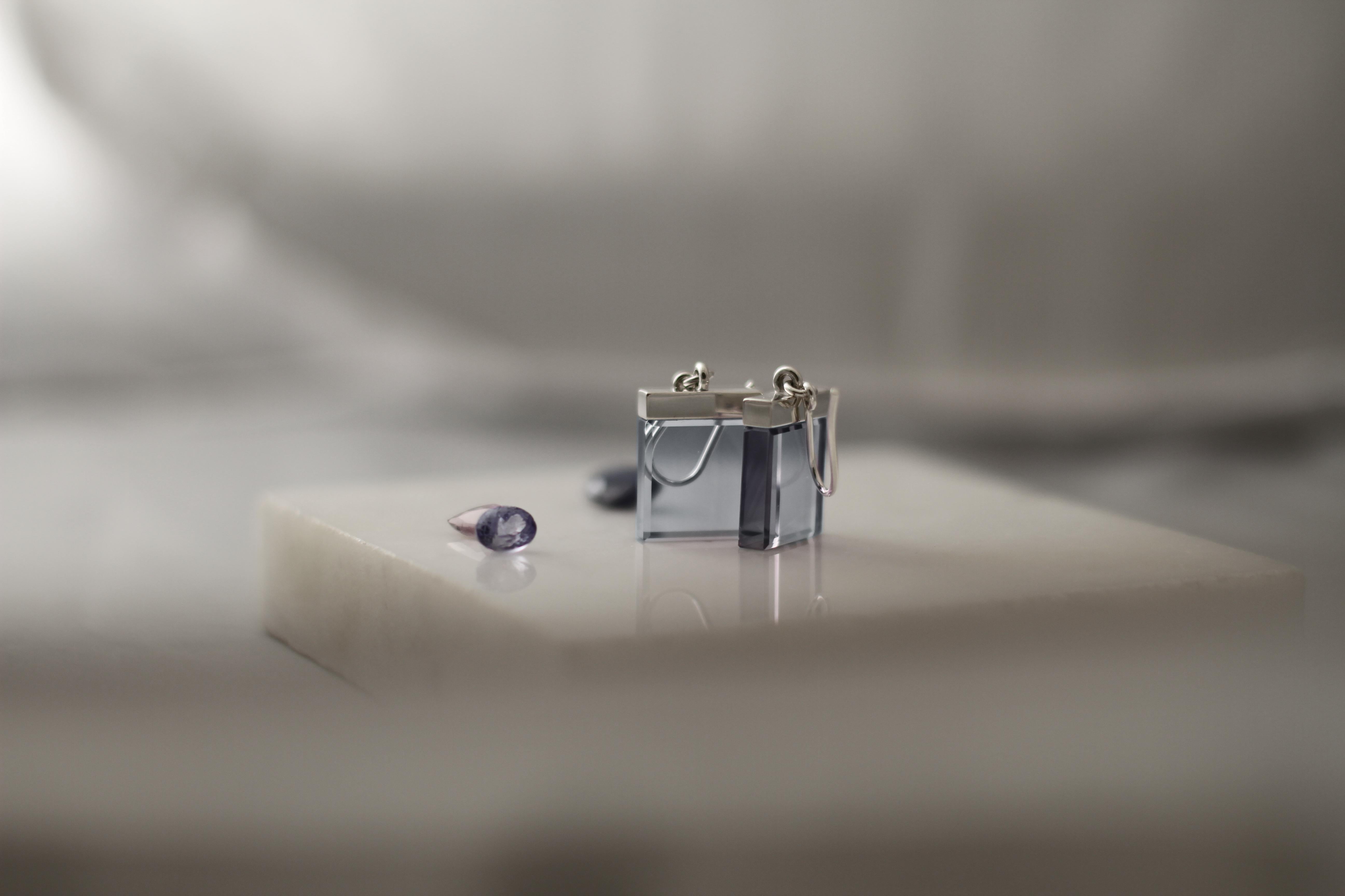 This jewellery collection, designed as sculptures by oil painter Polya Medvedeva from Berlin, was featured in Harper's Bazaar UA and Vogue UA publications.

These particular earrings are made of 18 karat white gold and feature tender blue topazes