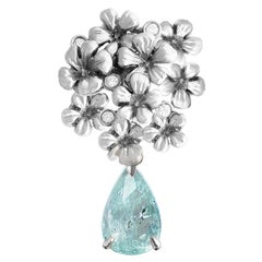 Eighteen Karat White Gold Artist Brooch with Diamonds and Paraiba Tourmaline