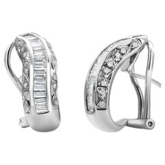 Eighteen Karat White Gold Baguette Diamond Hoop Omega Back Earrings