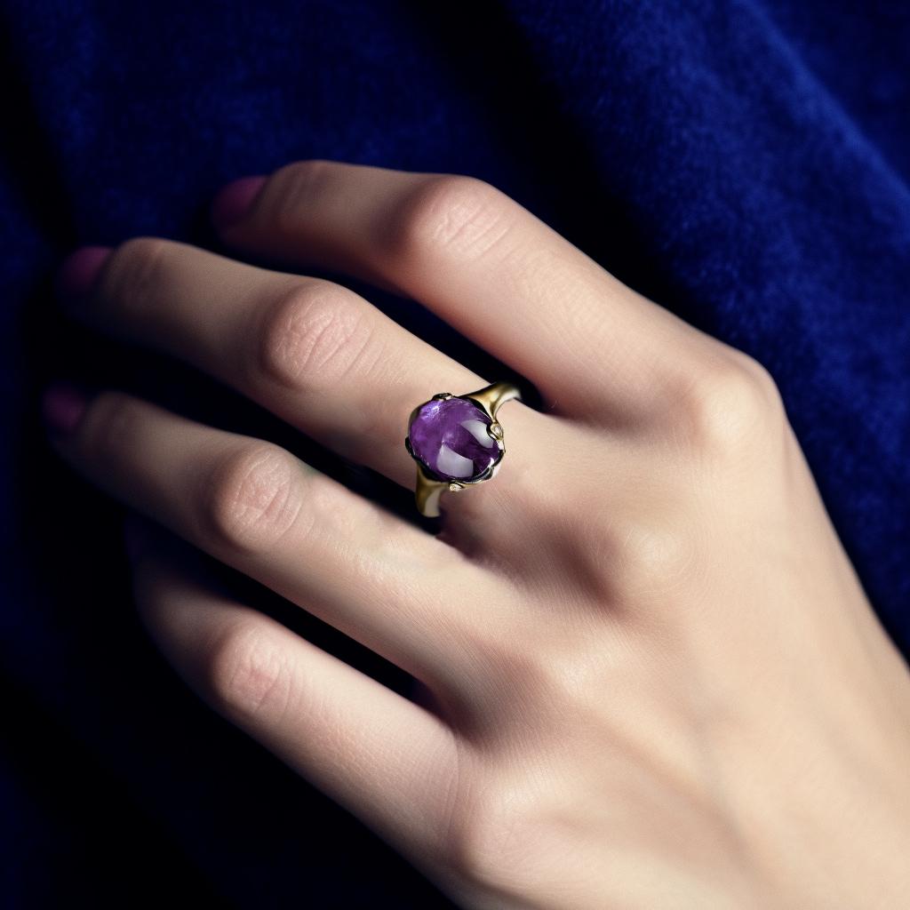 This contemporary ring is crafted in 18 karat white gold and features a beautiful natural cabochon amethyst and 4 small round diamonds. We use top-quality natural diamonds from a German gems company that has been in the market since the 19th