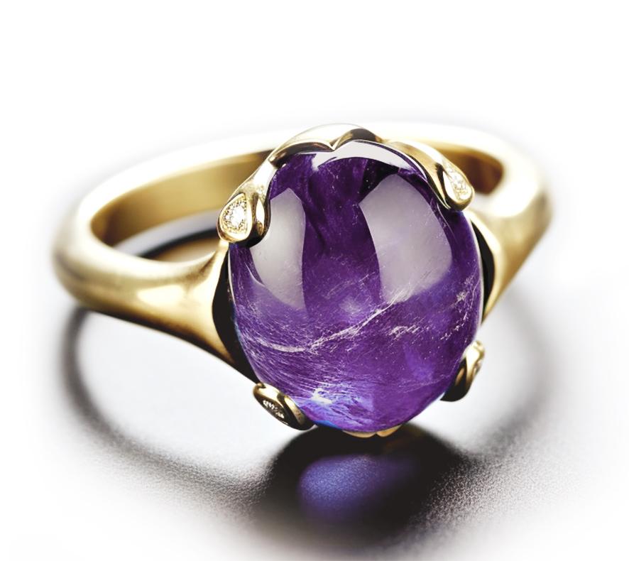 Women's or Men's Eighteen Karat White Gold Cabochon Contemporary Ring with Amethyst and Diamonds For Sale