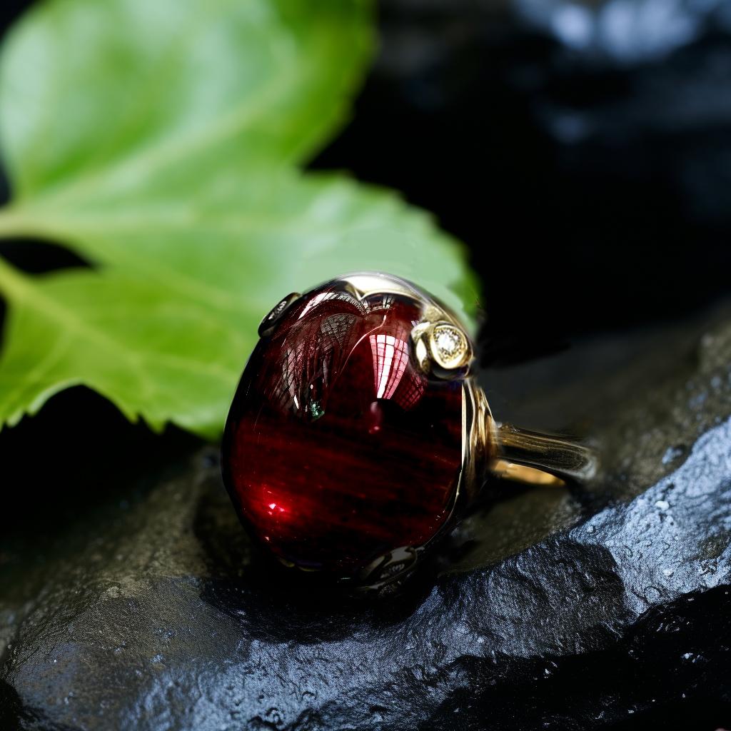 This contemporary ring is crafted in 18 karat white gold and features a beautiful natural cabochon garnet and 4 small round diamonds. We use top-quality natural diamonds from a German gems company that has been in the market since the 19th