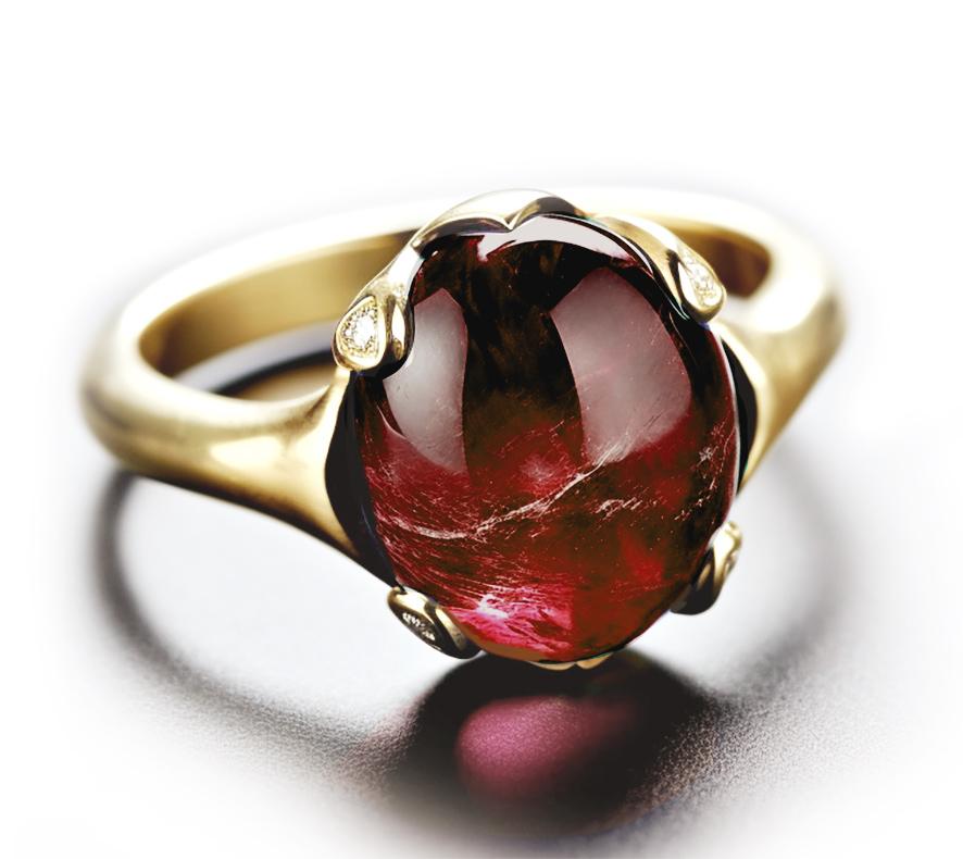 Women's or Men's Eighteen Karat White Gold Cabochon Rubellite Contemporary Ring with Diamonds For Sale