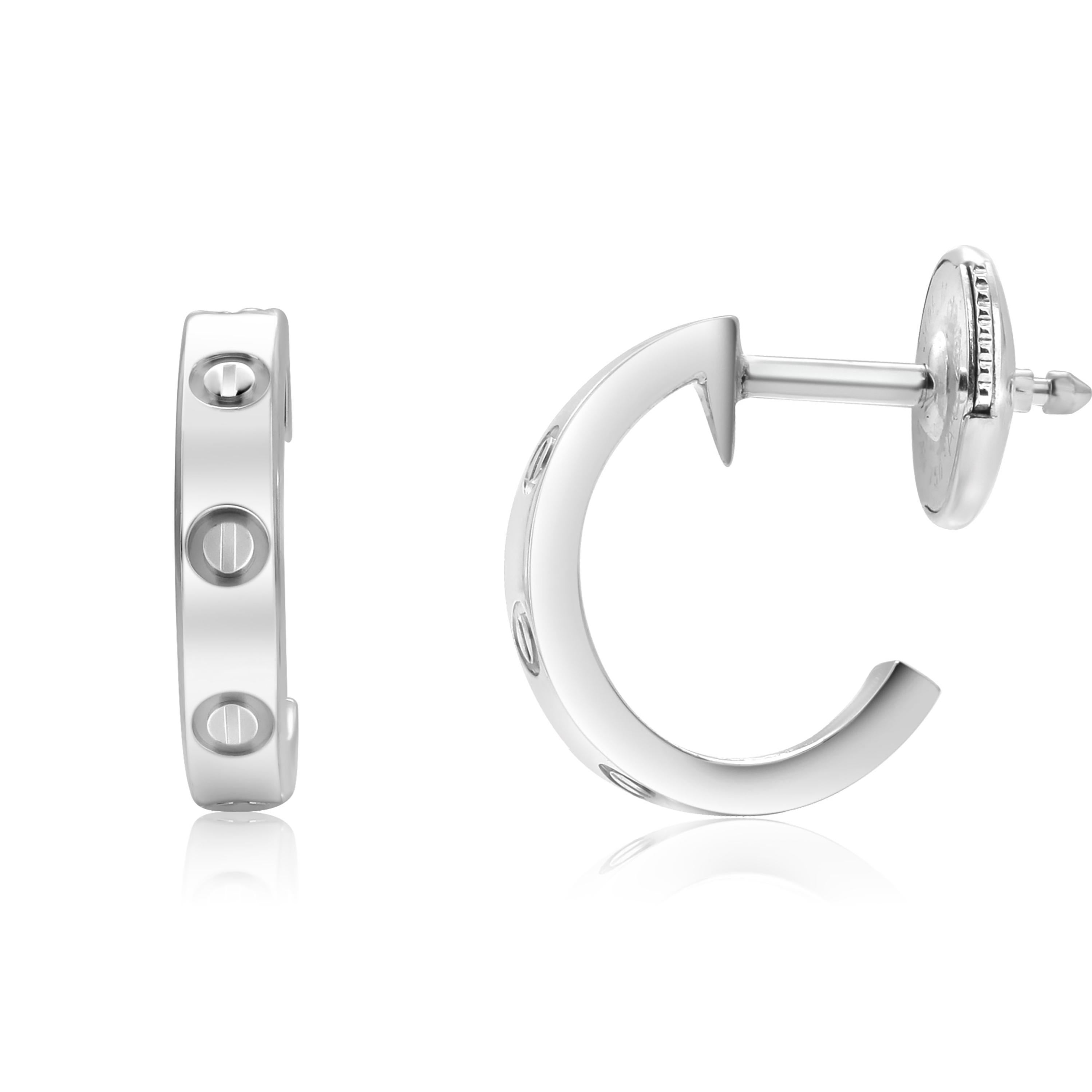 Eighteen Karat White Gold Cartier Mini Love Hoop Earrings In Good Condition In New York, NY