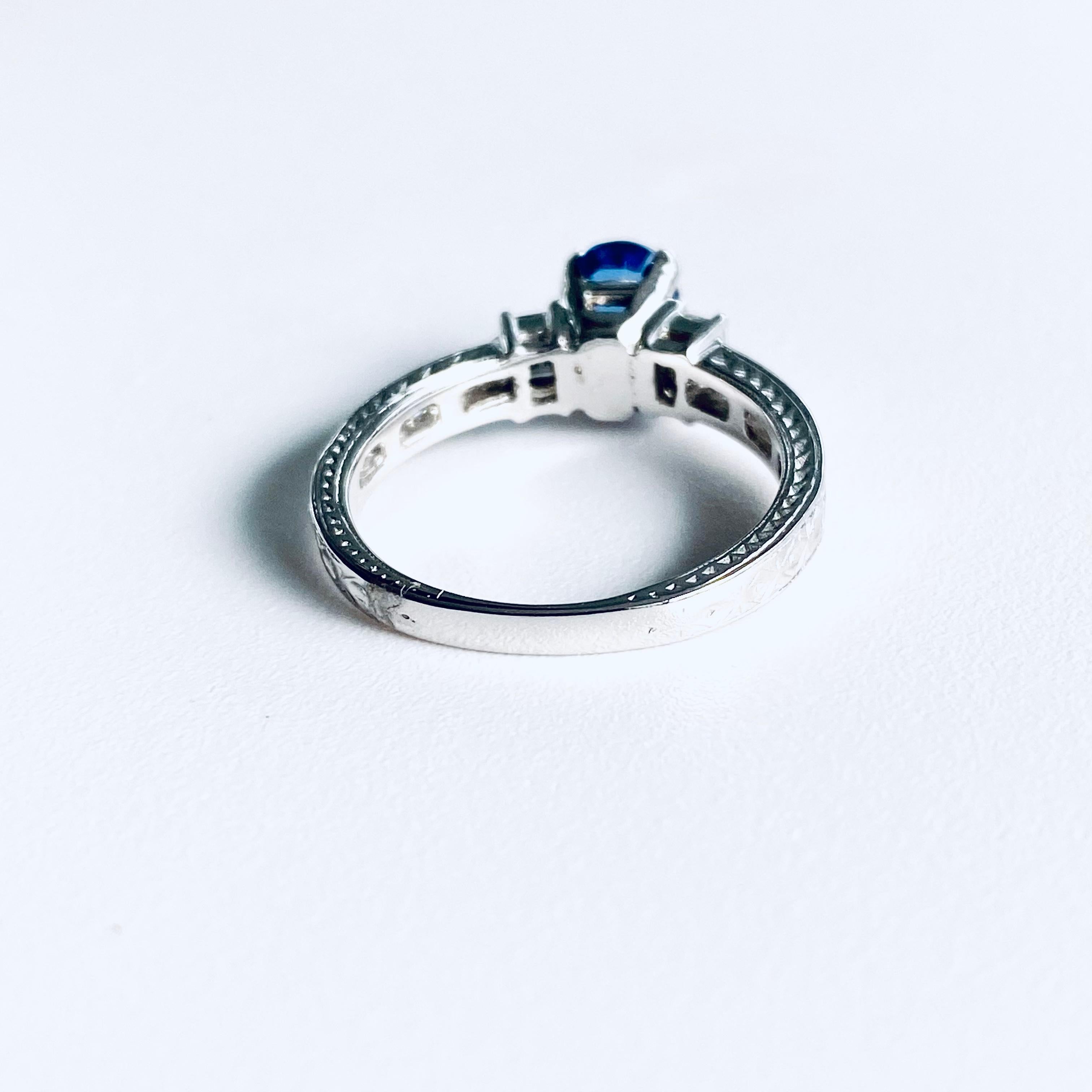 Eighteen Karat White Gold Ceylon Sapphire and Diamond Engraved Engagement Ring 4