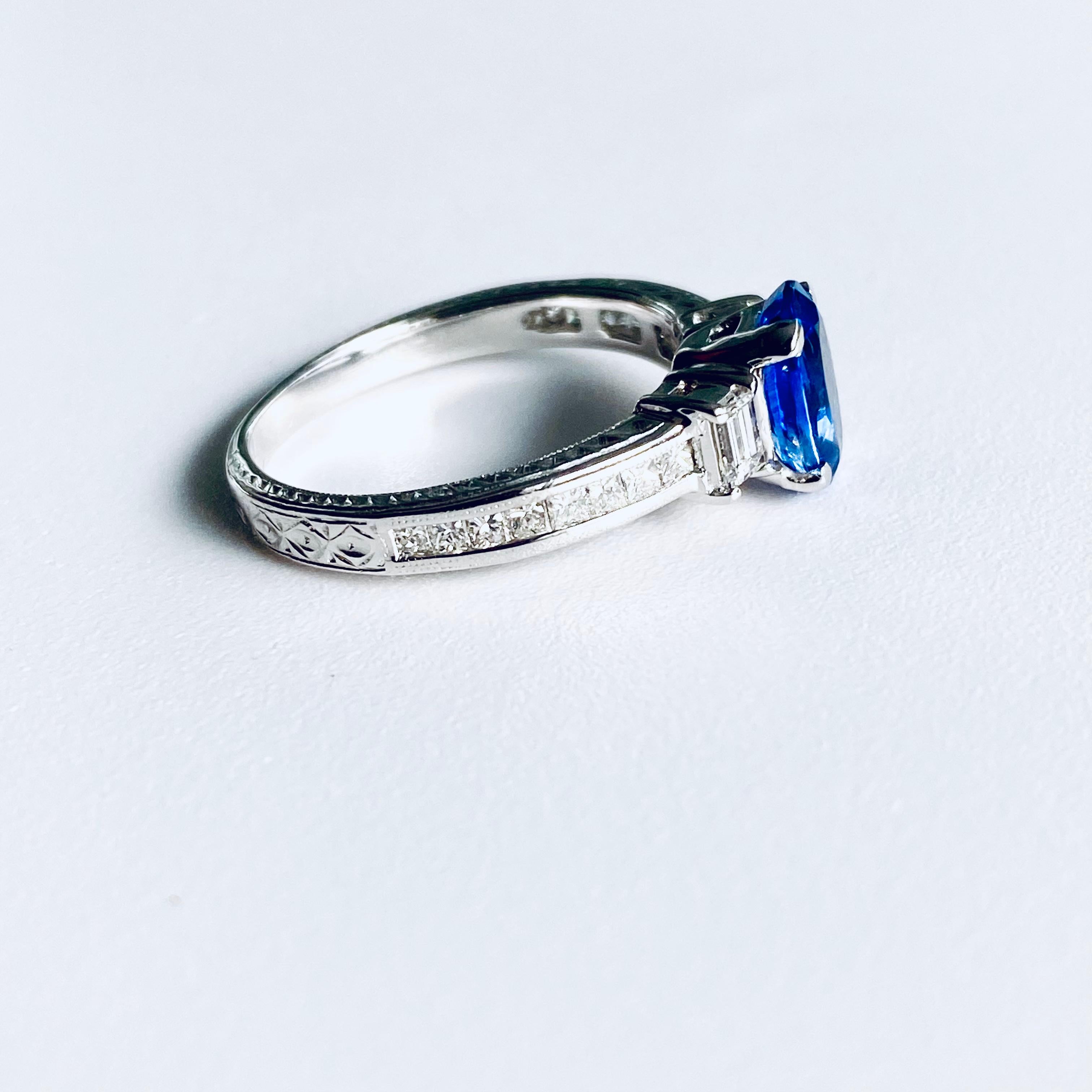 Eighteen Karat White Gold Ceylon Sapphire and Diamond Engraved Engagement Ring 5