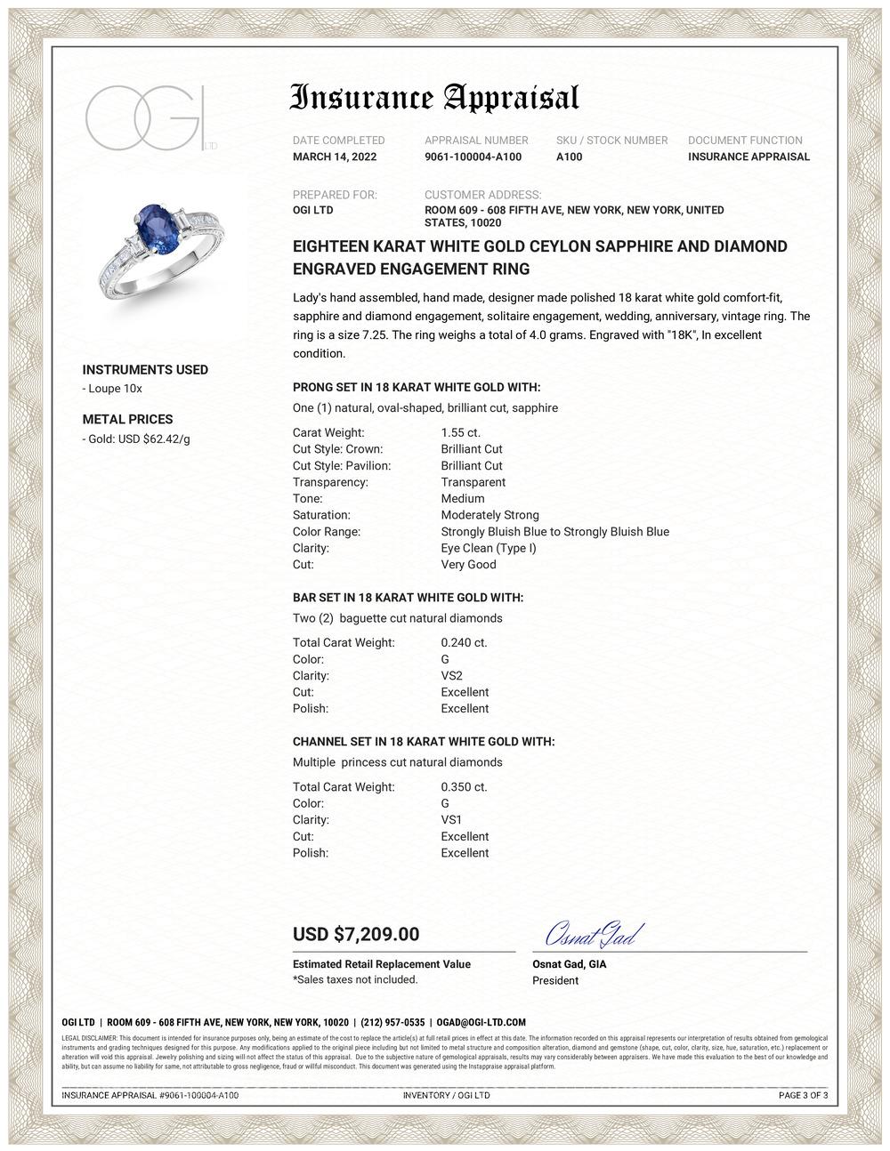 18 karat white gold Ceylon Sapphire and diamond engraved engagement or cocktail ring
Oval Ceylon sapphire weighing 1.55 carats
Two baguette diamonds and princess cut diamonds weighing approximately 0.50 to 0.60 carats
Finger size 7.25
Ring can be