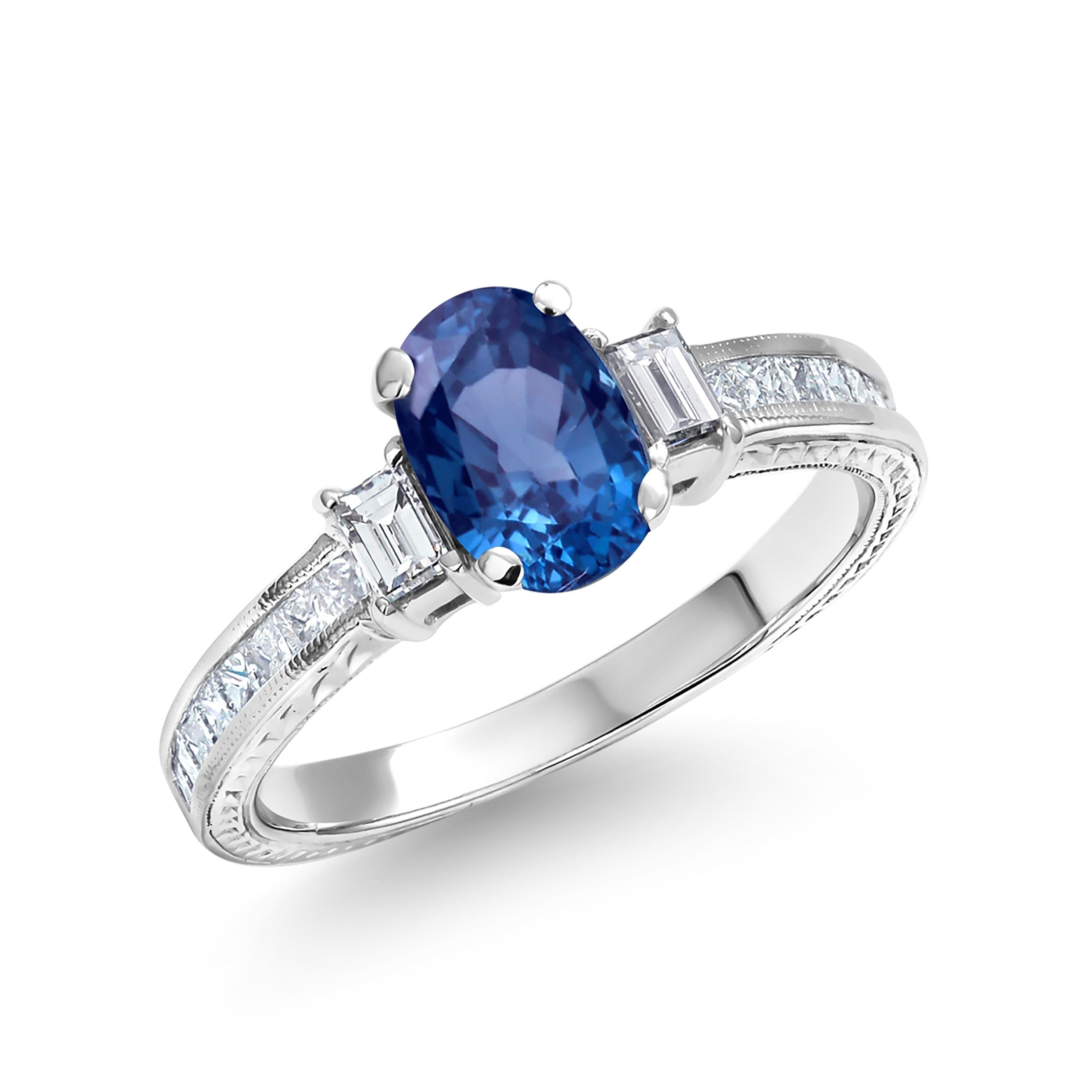 Oval Cut Eighteen Karat White Gold Ceylon Sapphire and Diamond Engraved Engagement Ring