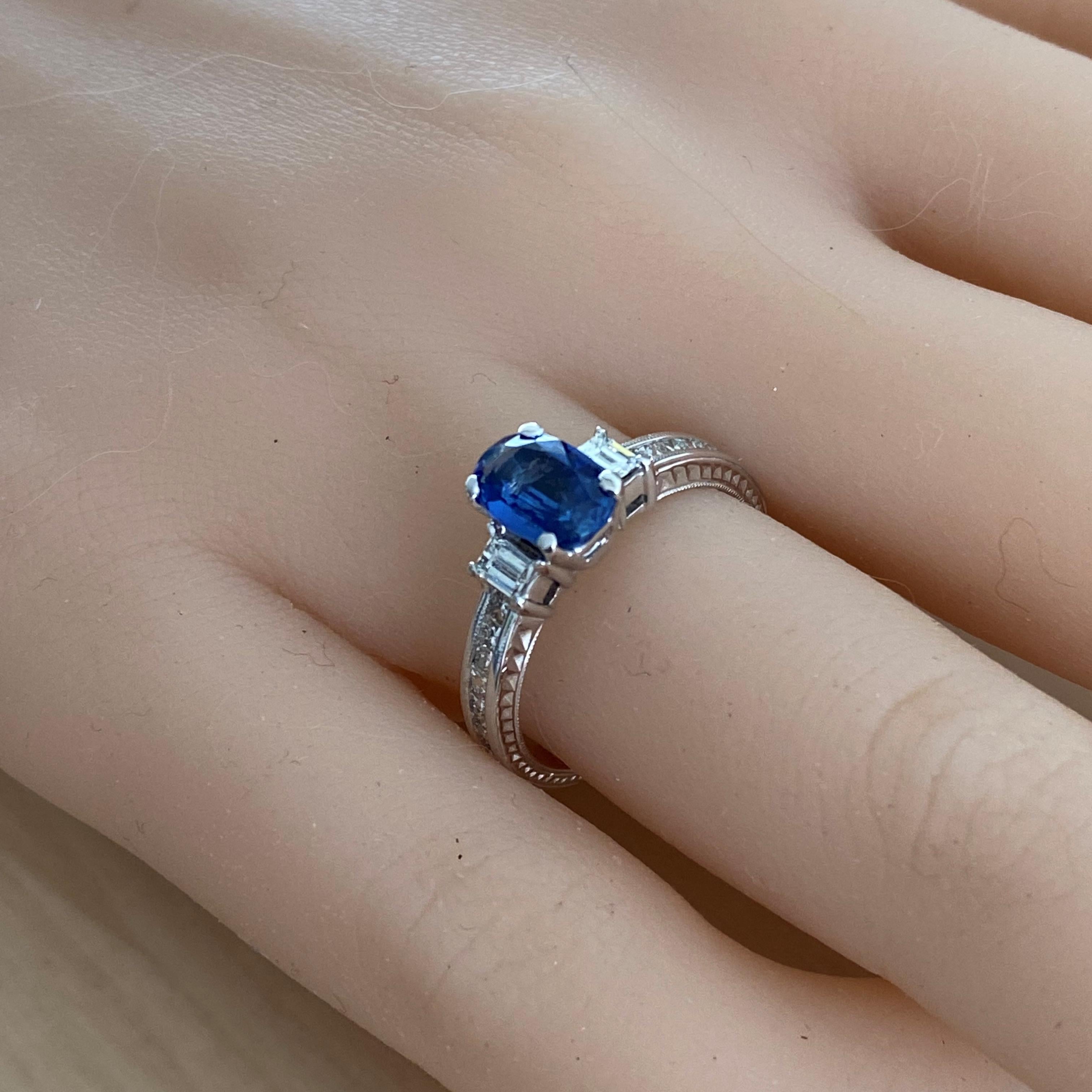 Eighteen Karat White Gold Ceylon Sapphire and Diamond Engraved Engagement Ring In Good Condition In New York, NY