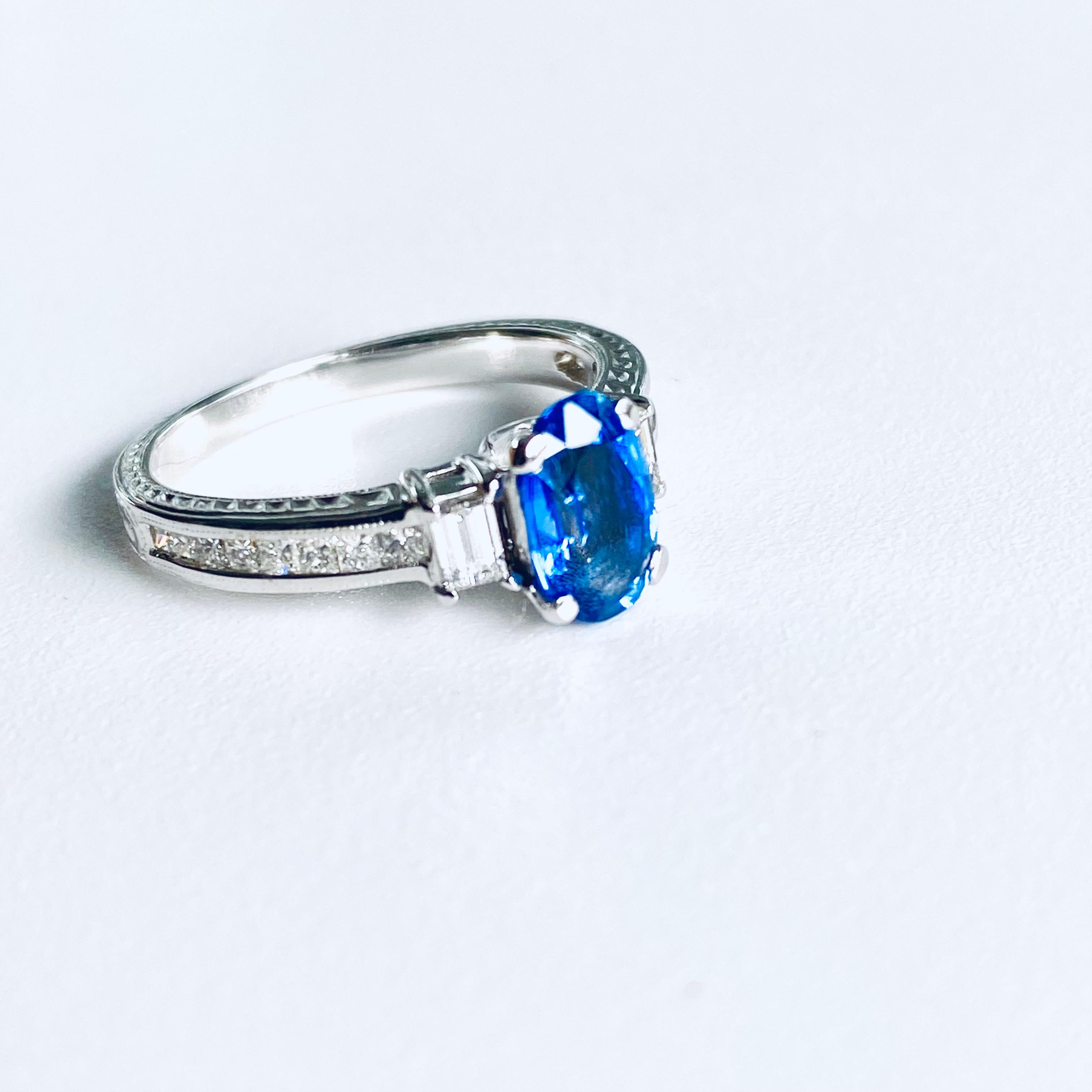 Eighteen Karat White Gold Ceylon Sapphire and Diamond Engraved Engagement Ring 1