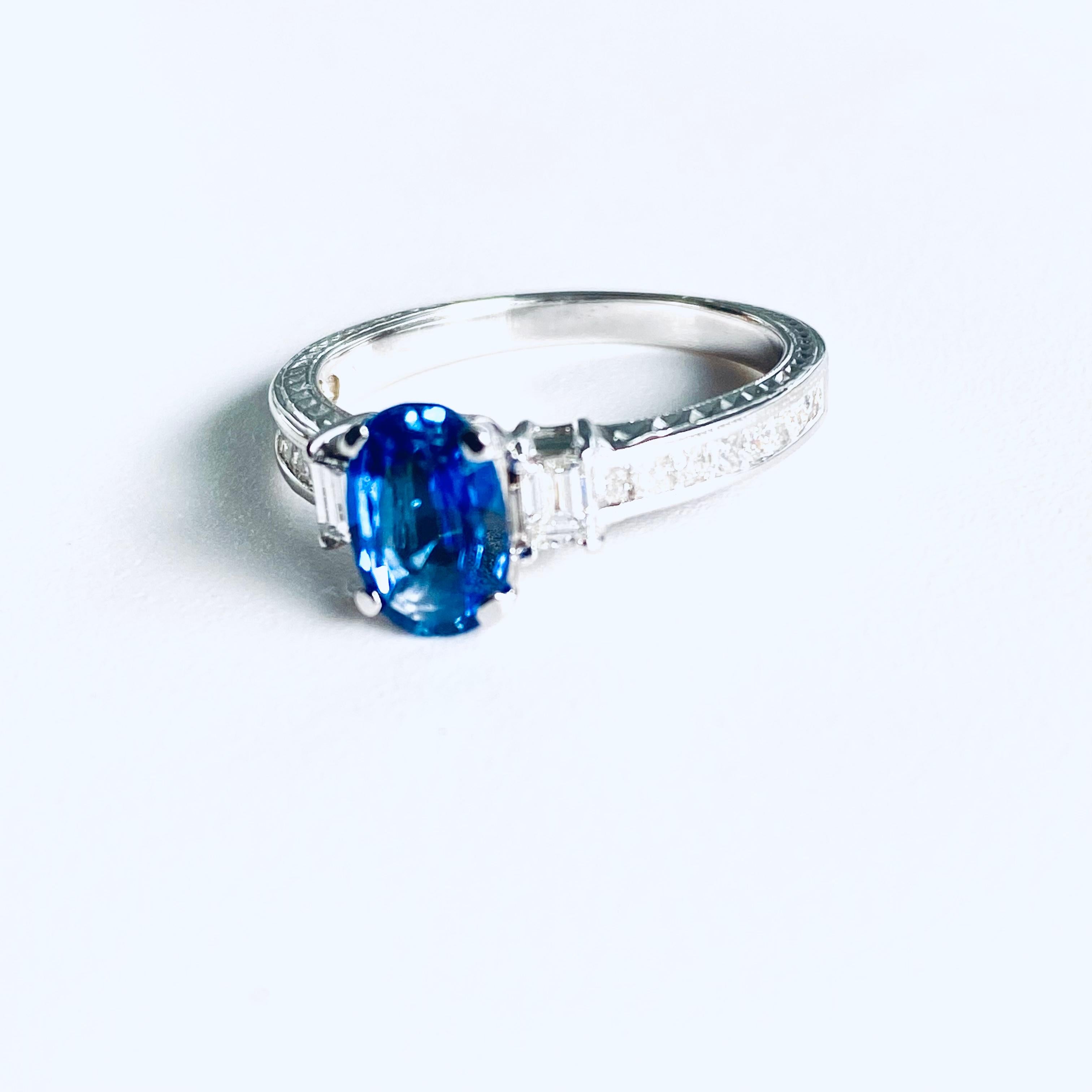 Eighteen Karat White Gold Ceylon Sapphire and Diamond Engraved Engagement Ring 2