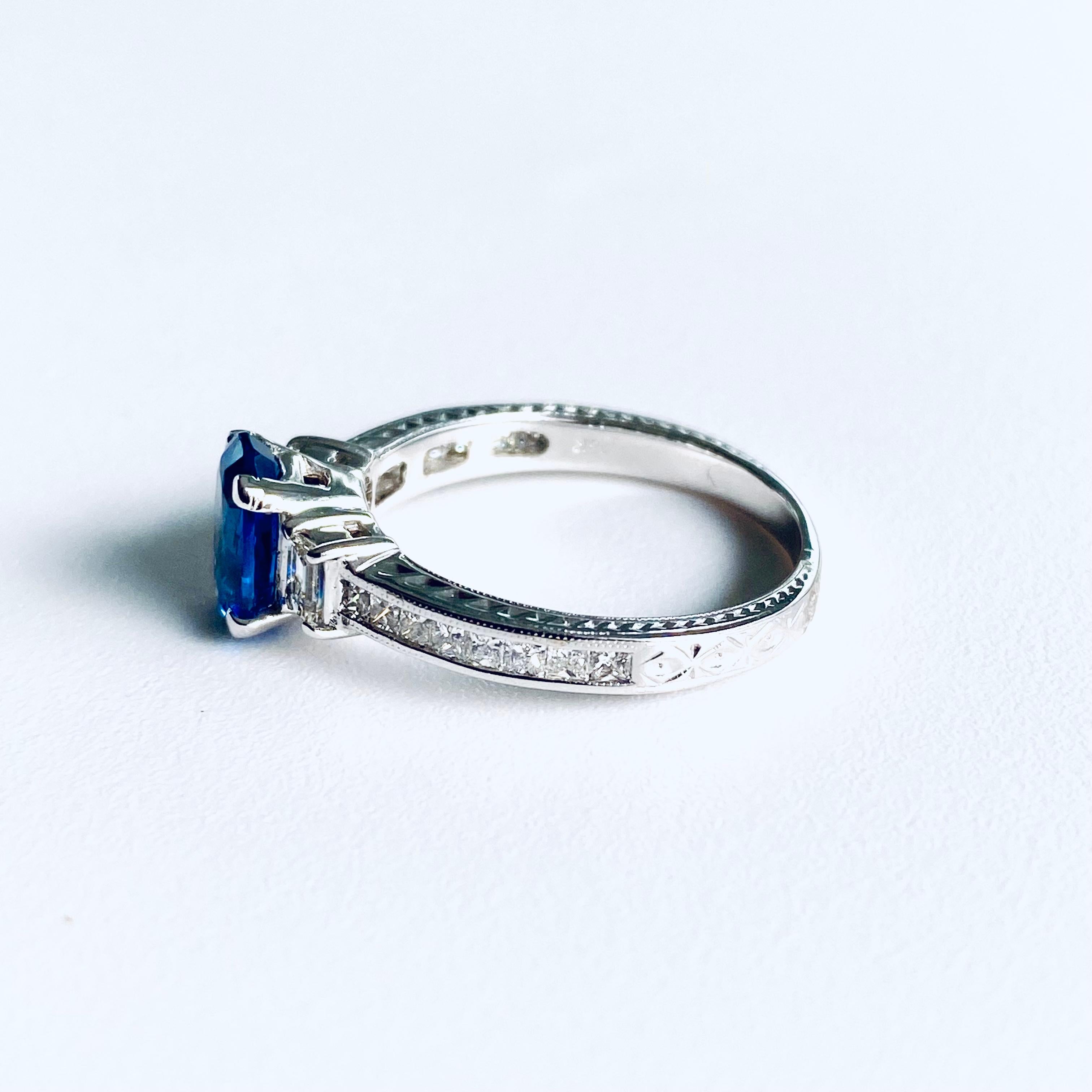 Eighteen Karat White Gold Ceylon Sapphire and Diamond Engraved Engagement Ring 3