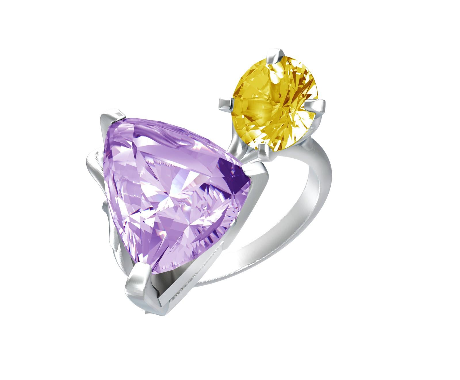 This contemporary engagement ring is made of 18 karat white gold with trillion cut amethyst and round cut citrine. The unusual angle of the gems placement makes it look even bigger, as a perfect cocktail ring. 

The ring will be custom made and can