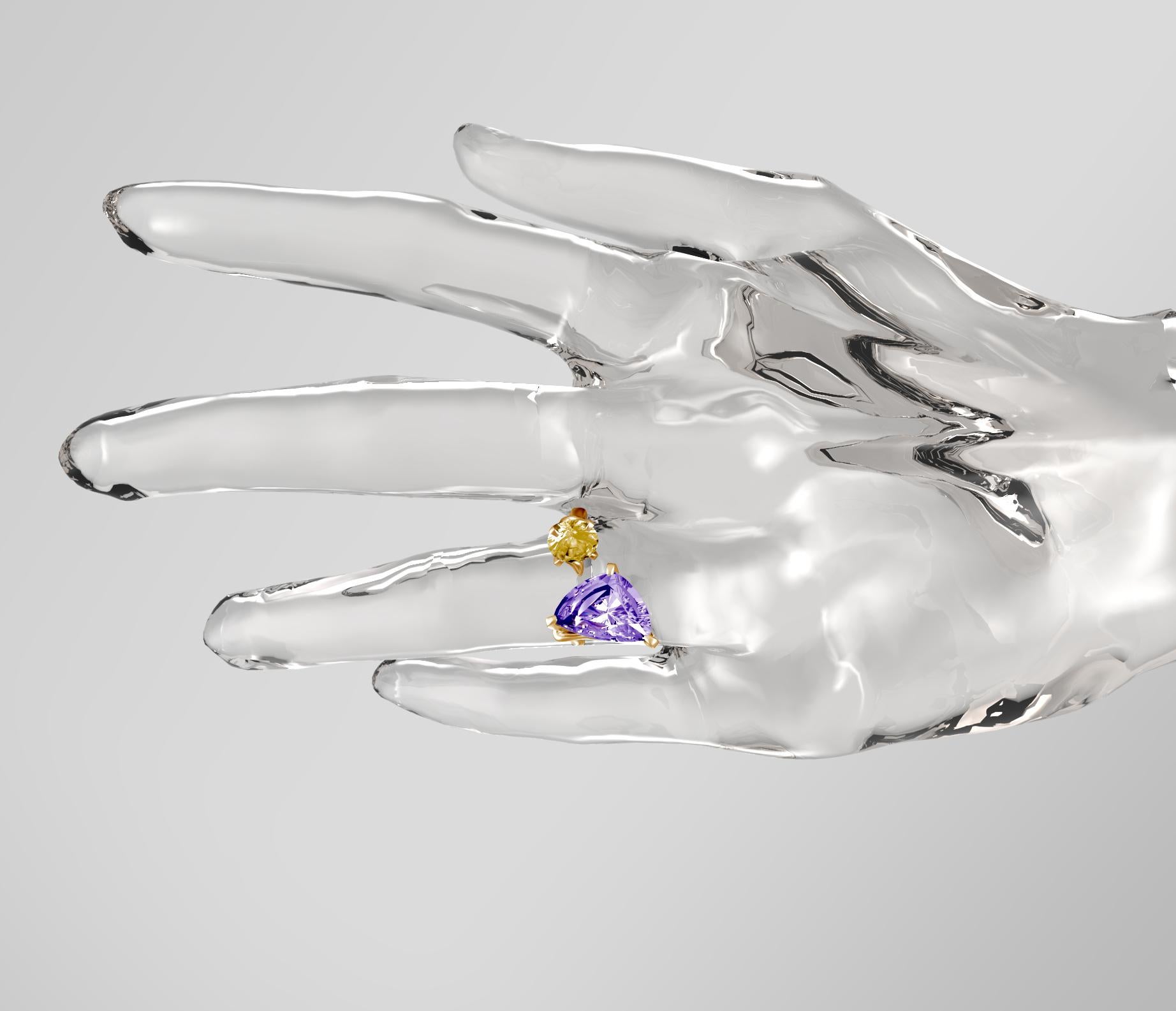 Trillion Cut Eighteen Karat White Gold Contemporary Engagement Ring with Amethyst and Citrine For Sale