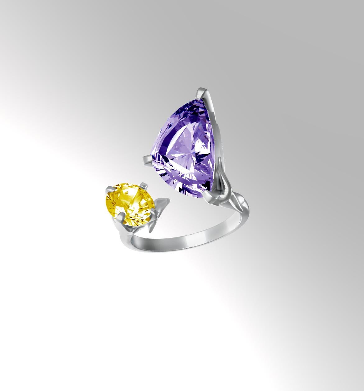 Women's Eighteen Karat White Gold Contemporary Engagement Ring with Amethyst and Citrine For Sale