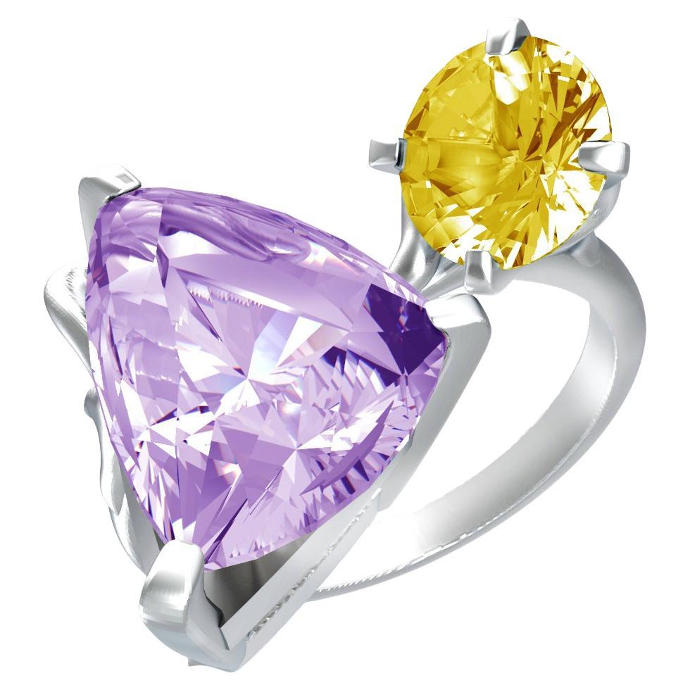 Eighteen Karat White Gold Contemporary Engagement Ring with Amethyst and Citrine For Sale