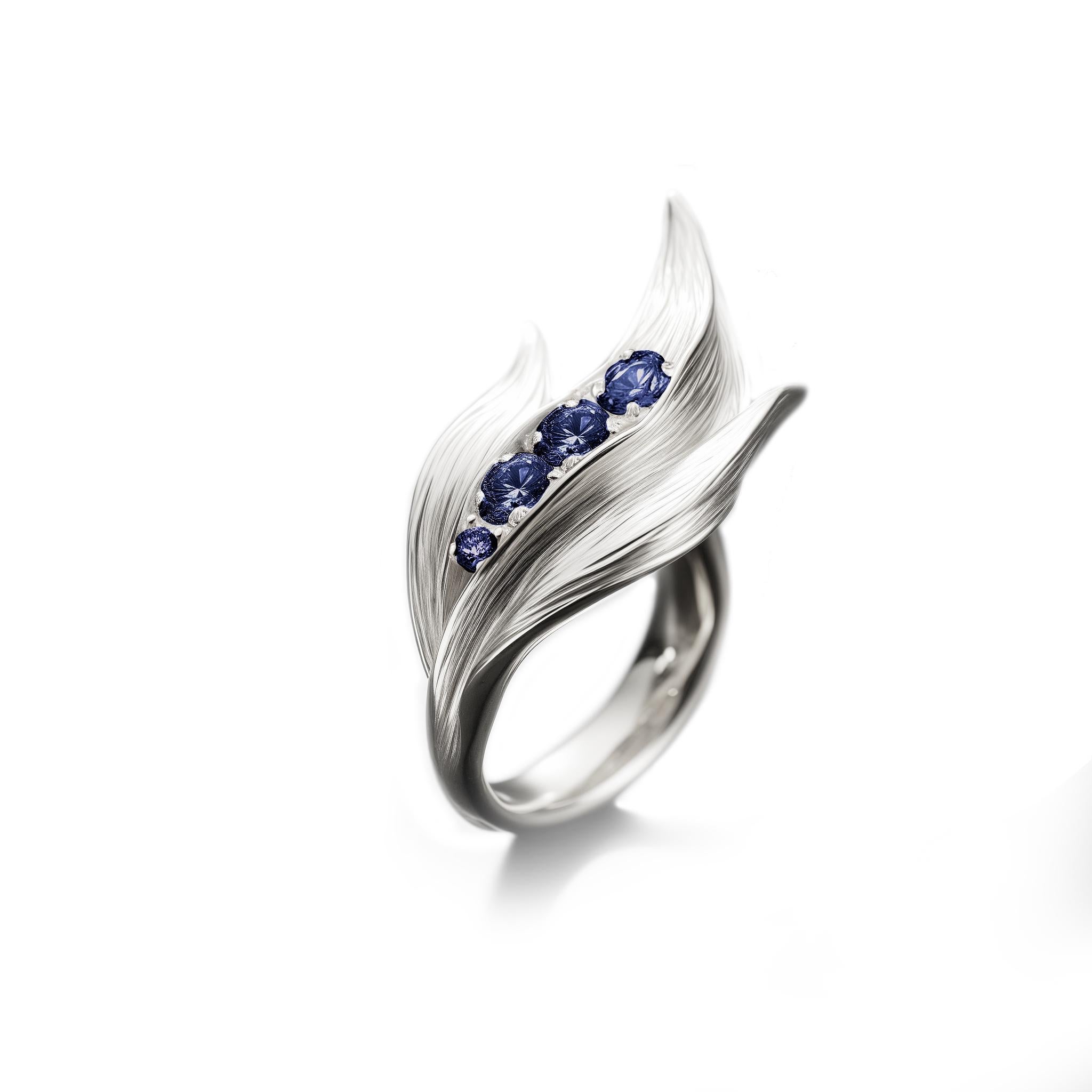 Eighteen Karat White Gold Contemporary Engagement Ring with Sapphires For Sale 1