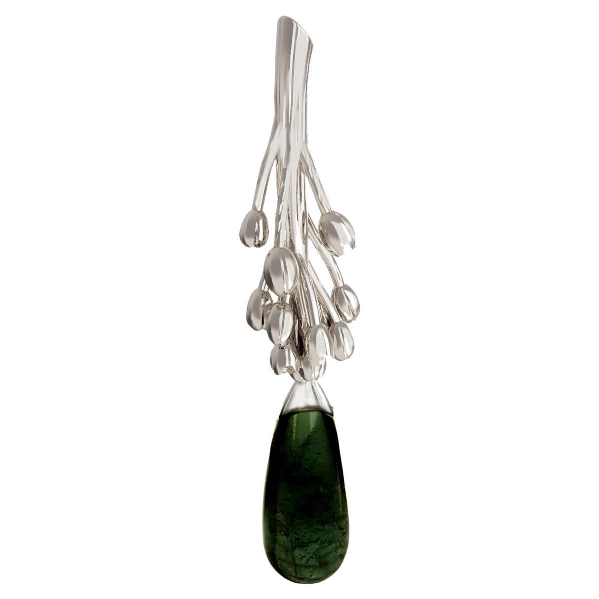 Eighteen Karat White Gold Contemporary Pendant Necklace with Green Tourmaline For Sale