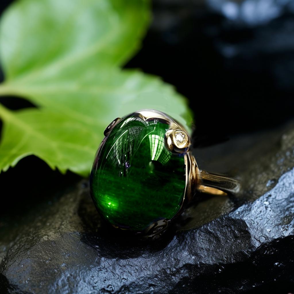 This contemporary ring is crafted in 18 karat white gold and features a beautiful natural green cabochon Chrome Diopside and 4 small diamonds. We use top-quality natural diamonds from a German gems company that has been in the market since the 19th