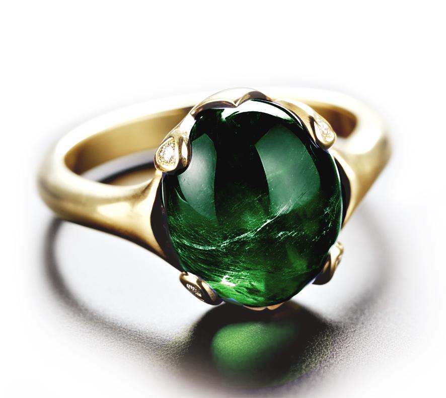 Cabochon Eighteen Karat White Gold Contemporary Ring with Chrome Diopside and Diamonds For Sale