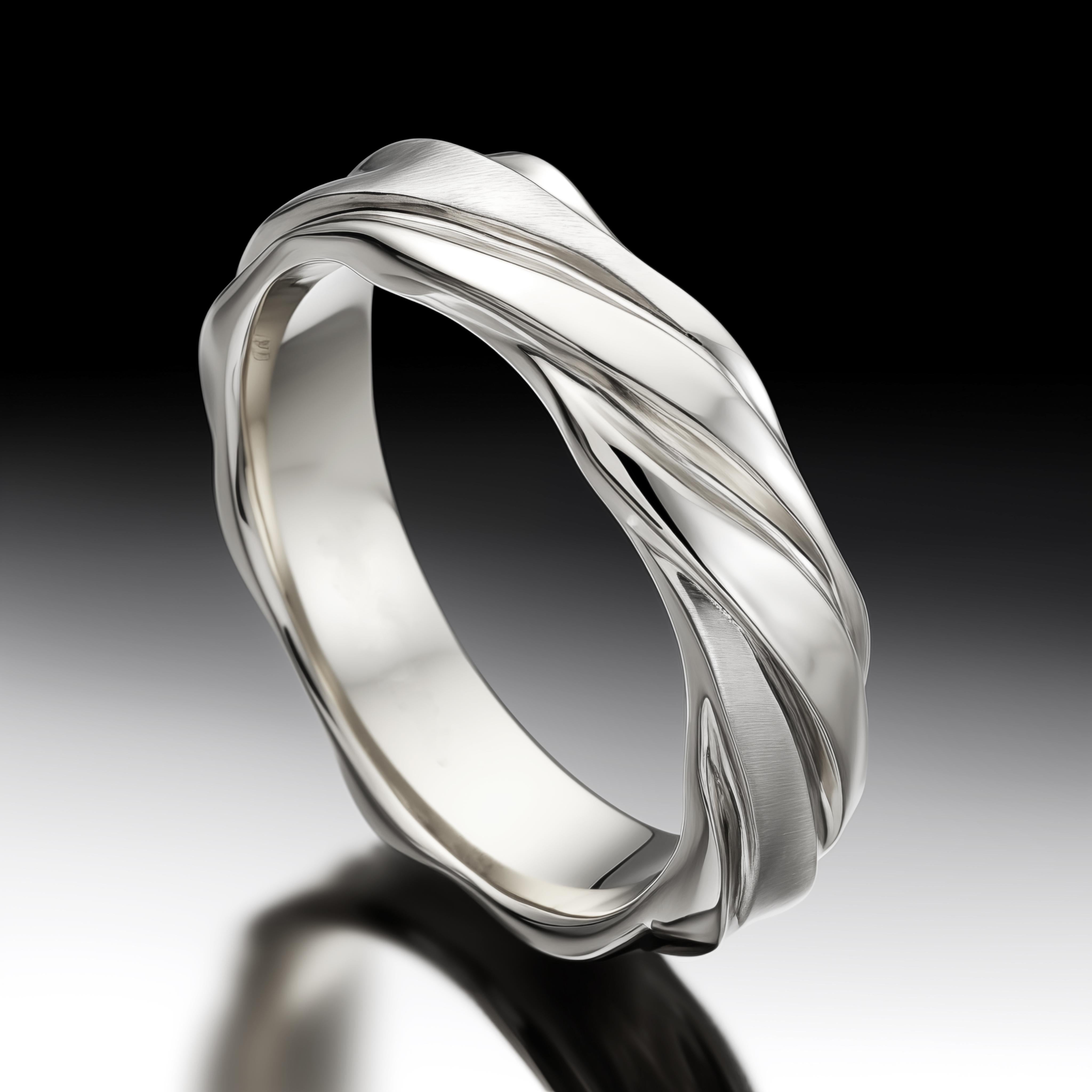 This wedding ring is made of 18 karat white gold and has a sculptural shape. Width: 3-4 mm. The ring can be personalized with a name or a saying. Each ring has a unique, slightly different shape. Please allow us time to customize the ring.
The ring