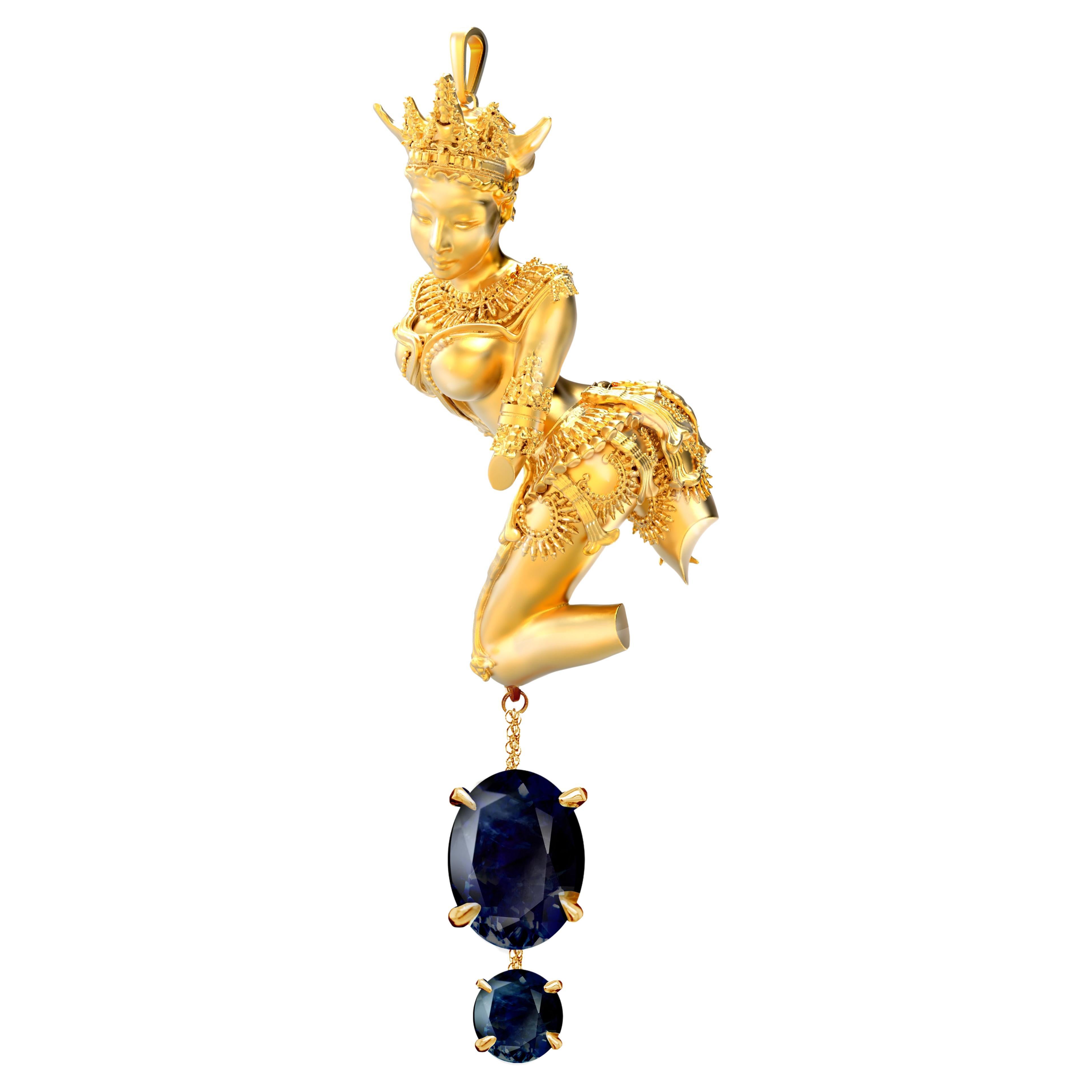 Eighteen Karat White Gold Dakini Pendant Necklace with Dark Blue Sapphire For Sale 9