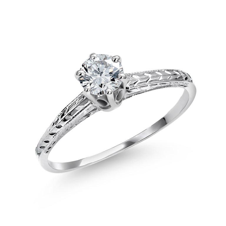 Eighteen Karat White Gold Engraved Art Deco Style Diamond Engagement Ring For Sale 1