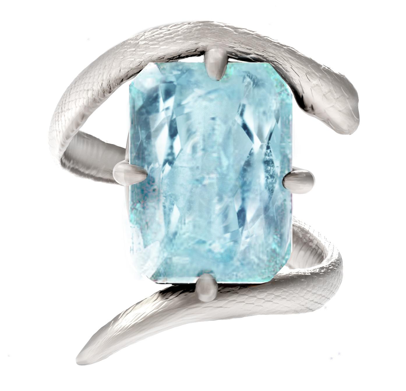 Dieser modische Schlangenring ist aus 18 Karat Weißgold mit natürlichem, transparentem Blautopas. Es gehört zur mesopotamischen Sammlung. Dieser Ring wird in jeder Größe angefertigt. Dieses Stück kann zum gleichen Preis persönlich signiert werden.