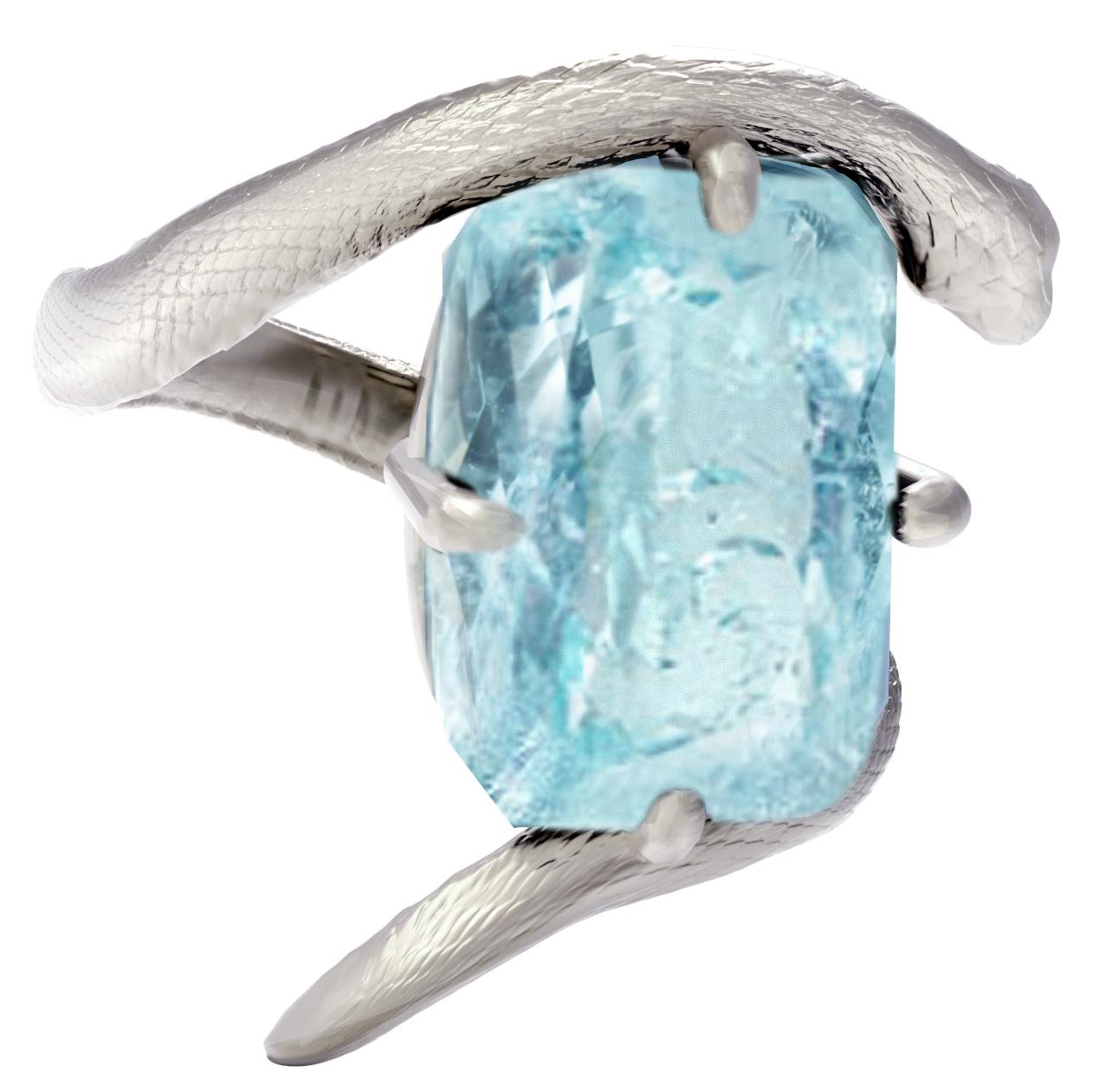 Achtzehn Karat Weißgold Schlangenring mit blauem Topas im Angebot 2
