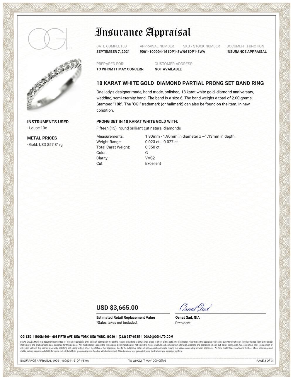 Eighteen karats white gold diamond prong set partial ring 
15 Diamonds weighing 0.35 carat 
2 millimeter wide
Anniversary or stacking band
Diamond quality G VS
New Ring
Ring size 6 in Stock
The ring can be resized 
Our collections challenge our