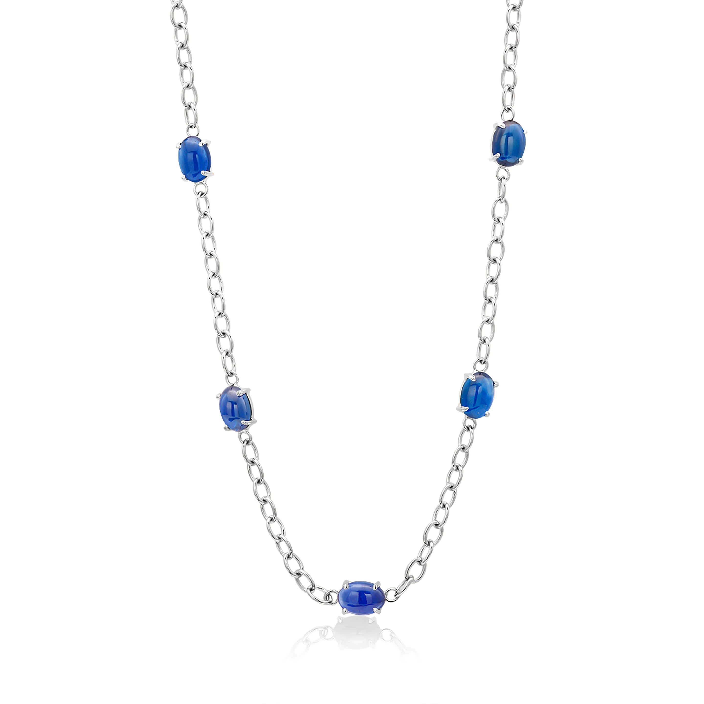 Women's or Men's Eighteen Karats White Gold Five Cabochon Sapphires Necklace Pendant