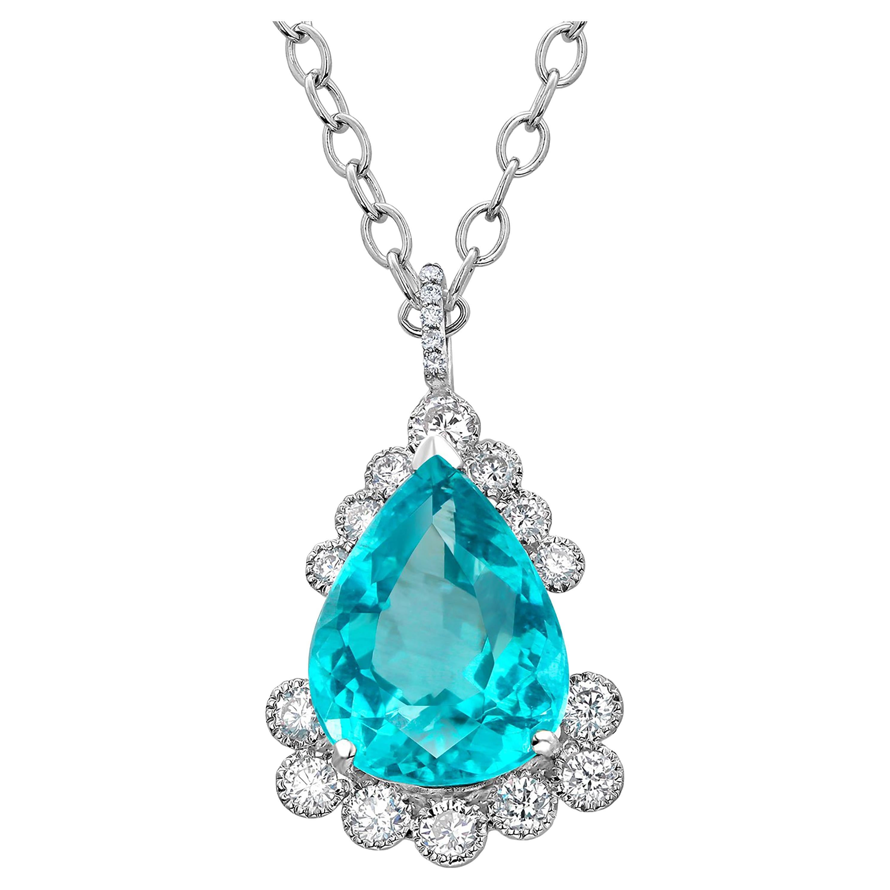 Pear Cut Eighteen Karat White Gold Pear Shaped Apatite and Diamond Pendant Necklace
