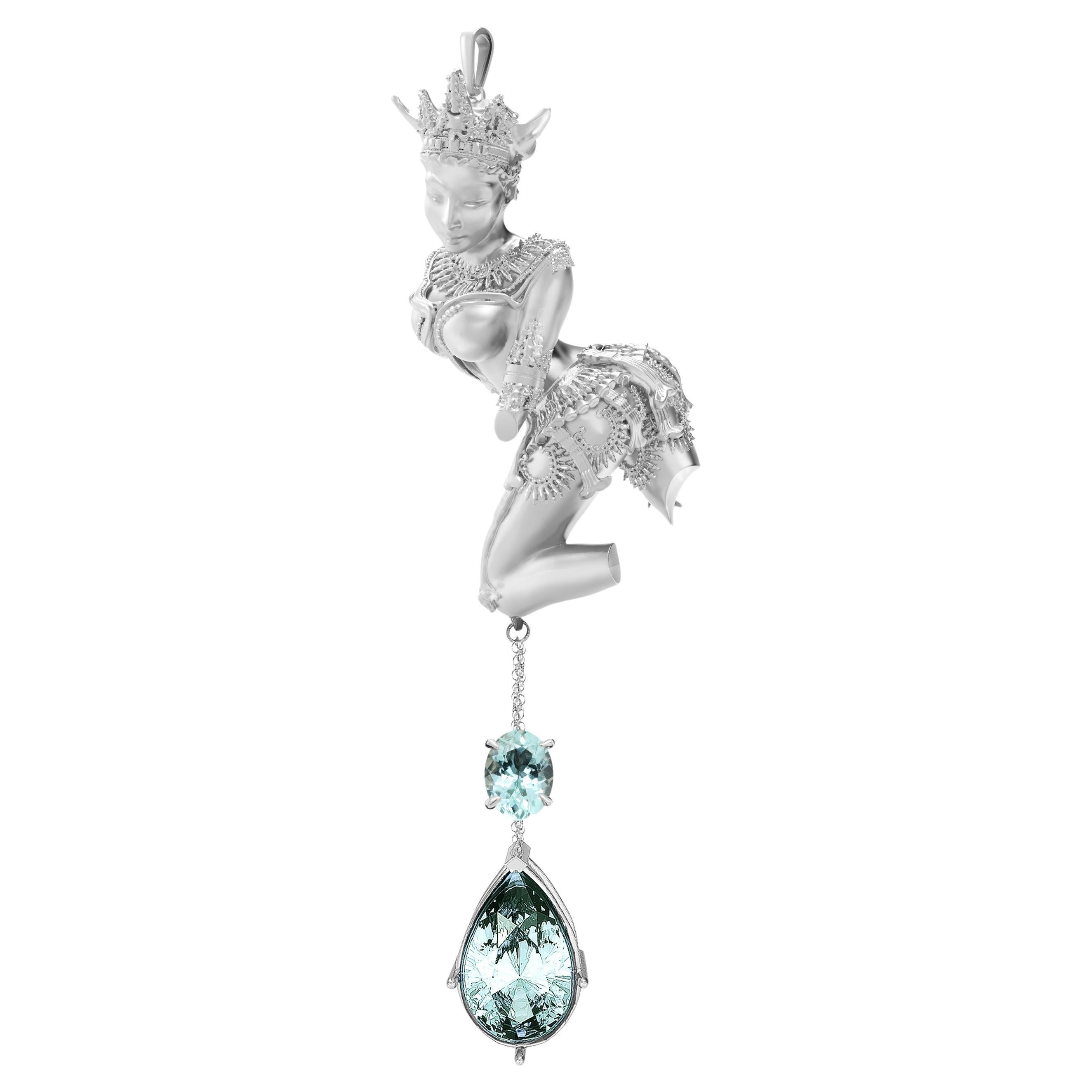 Collier pendentif en or blanc dix-huit carats avec tourmaline Paraiba  en vente