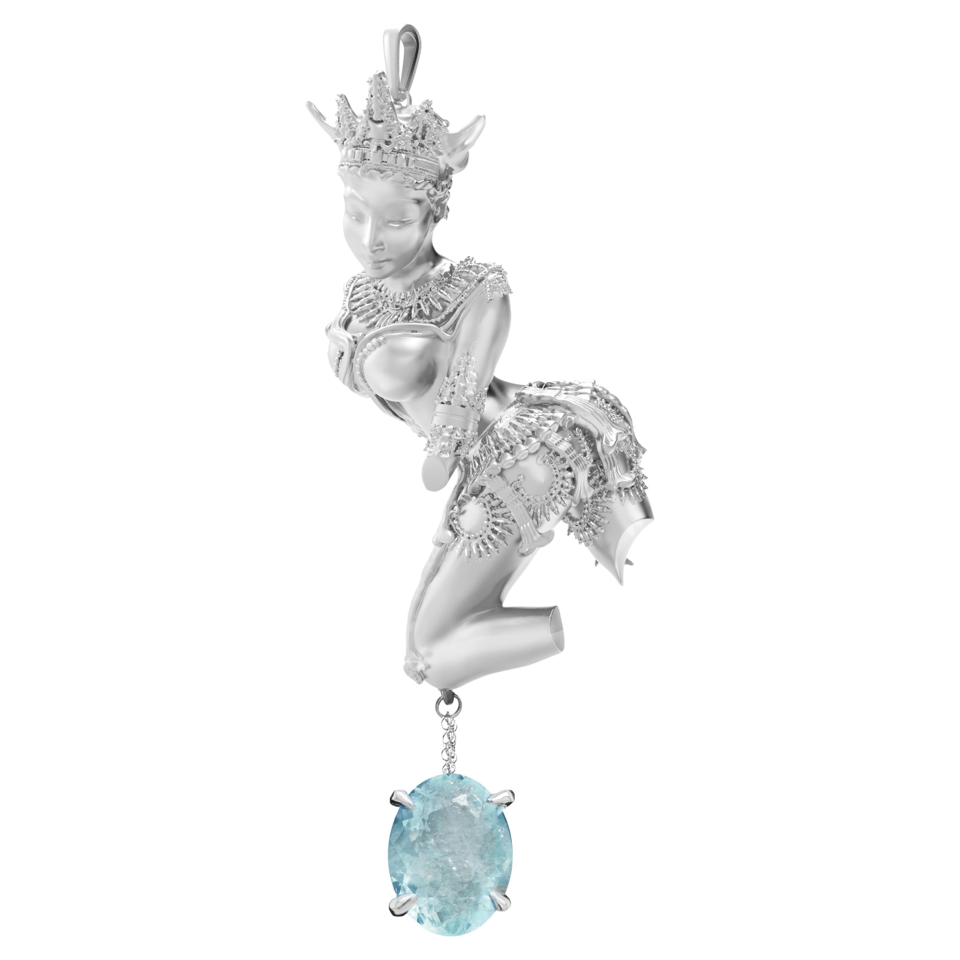 Collier pendentif sculpture en or blanc 18 carats avec tourmaline Paraiba 