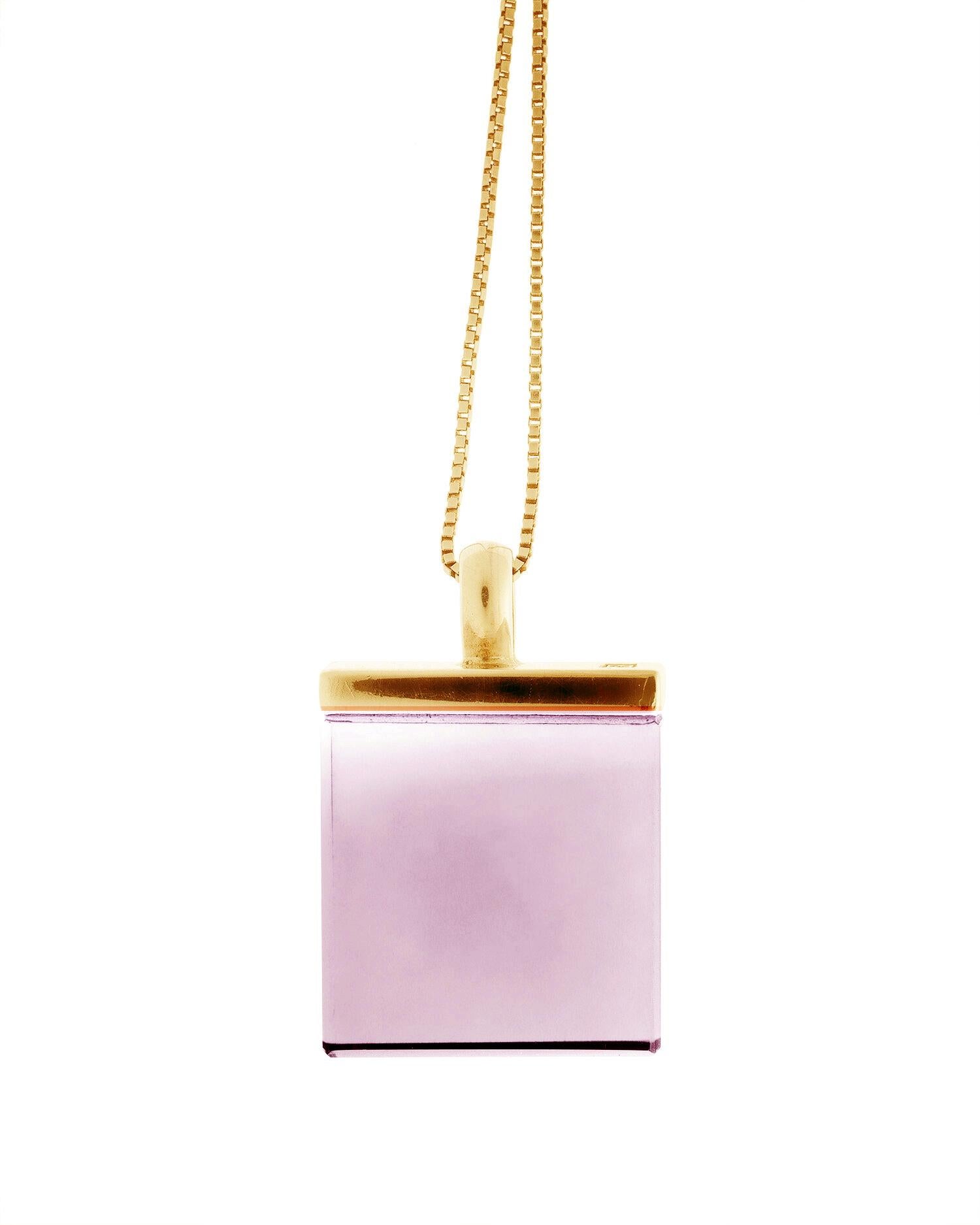 This designer pendant necklace in Art Deco style features a 15x15x8 mm transparent tear-clean natural amethyst and is made of 18-karat yellow gold. It belongs to the Ink collection, which has been featured in both Harper's Bazaar and Vogue UA.

The