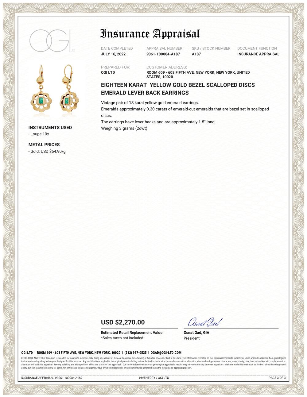 Vintage pair of 18 karat yellow gold Colombia emerald bezel scalloped earrings
Emerald shaped Colombia emeralds weighing 0.30 carats 
The scalloped disc earrings are hanging off lever backs 
The emerald color is deep summer grass green The emerald