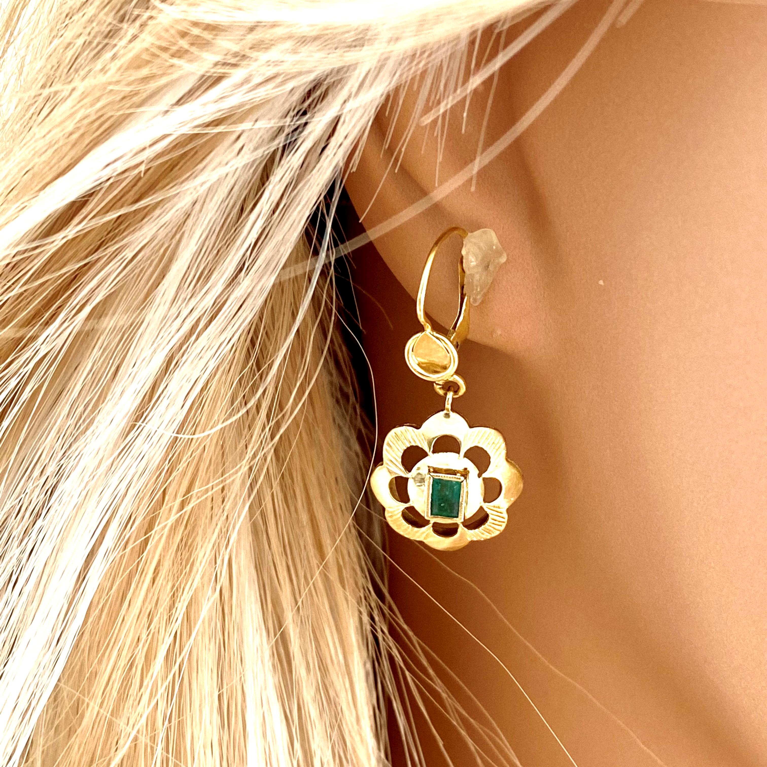 Emerald Cut Eighteen Karat Yellow Gold Colombia Emeralds Vintage Lever Back Earrings