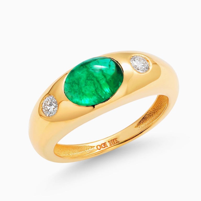 Oval Cut Eighteen Karat Yellow Gold Cabochon Emerald and Diamond Gypsy Ring For Sale
