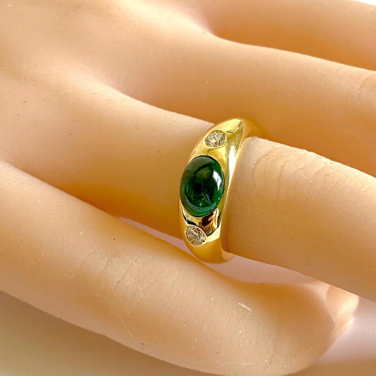 Contemporary Eighteen Karat Yellow Gold Cabochon Emerald and Diamond Gypsy Ring For Sale