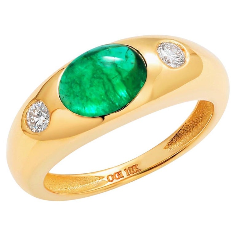 Women's Eighteen Karat Yellow Gold Cabochon Emerald and Diamond Gypsy Ring For Sale