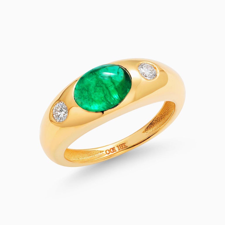 Eighteen Karat Yellow Gold Cabochon Emerald and Diamond Gypsy Ring For Sale 3